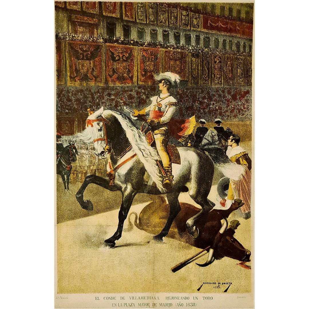 El Conde de Villamediana rejoneando un toro en la Plaza Mayor de Madrid - Print by Marcelino de Unceta