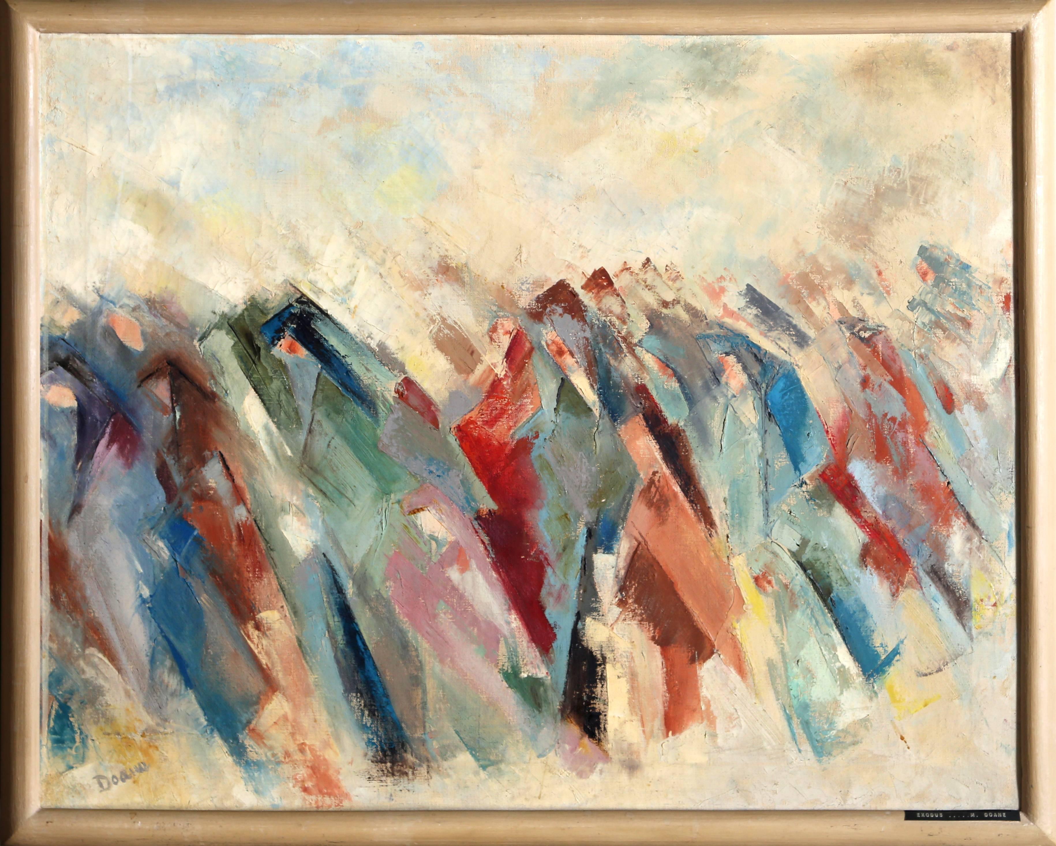 Artista:  Marcella Doane
Titolo: Esodo
Anno: circa 1970
Medium: Olio su tela, firmato a sinistra.
Dimensioni: 30 x 24 pollici
Dimensioni della cornice: 25 x 31 pollici