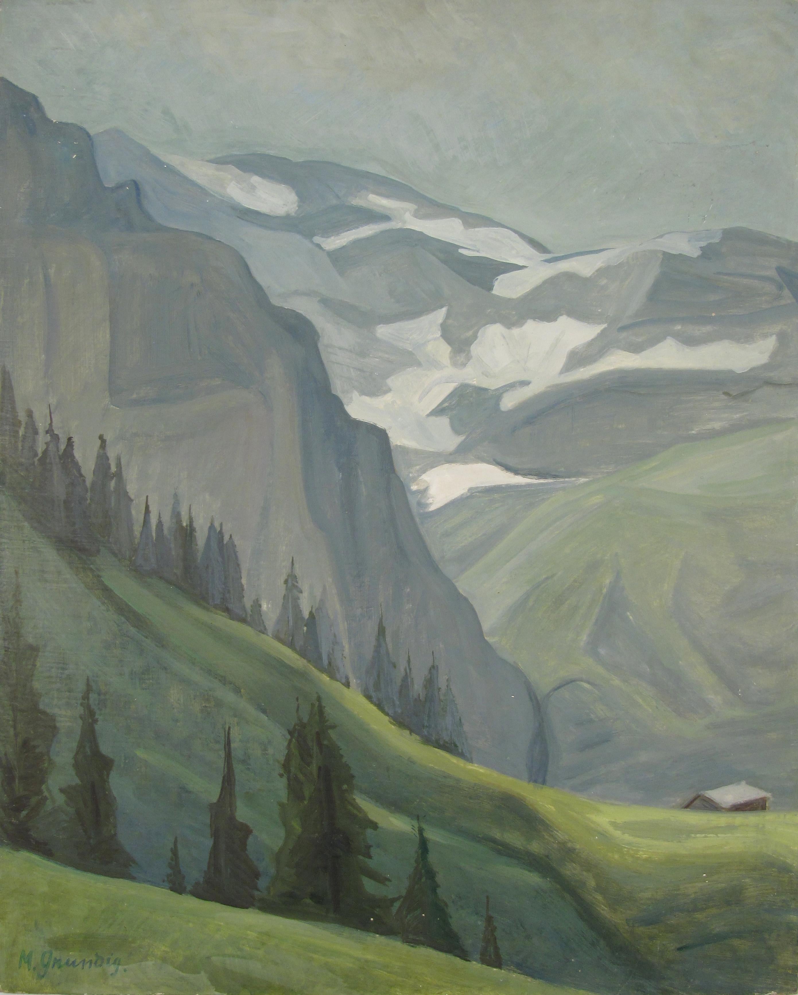 Marcella Grundig Figurative Painting - Mountains in the Valais / Wallis , Switzerland - Exhibited Oil Painting in 1950