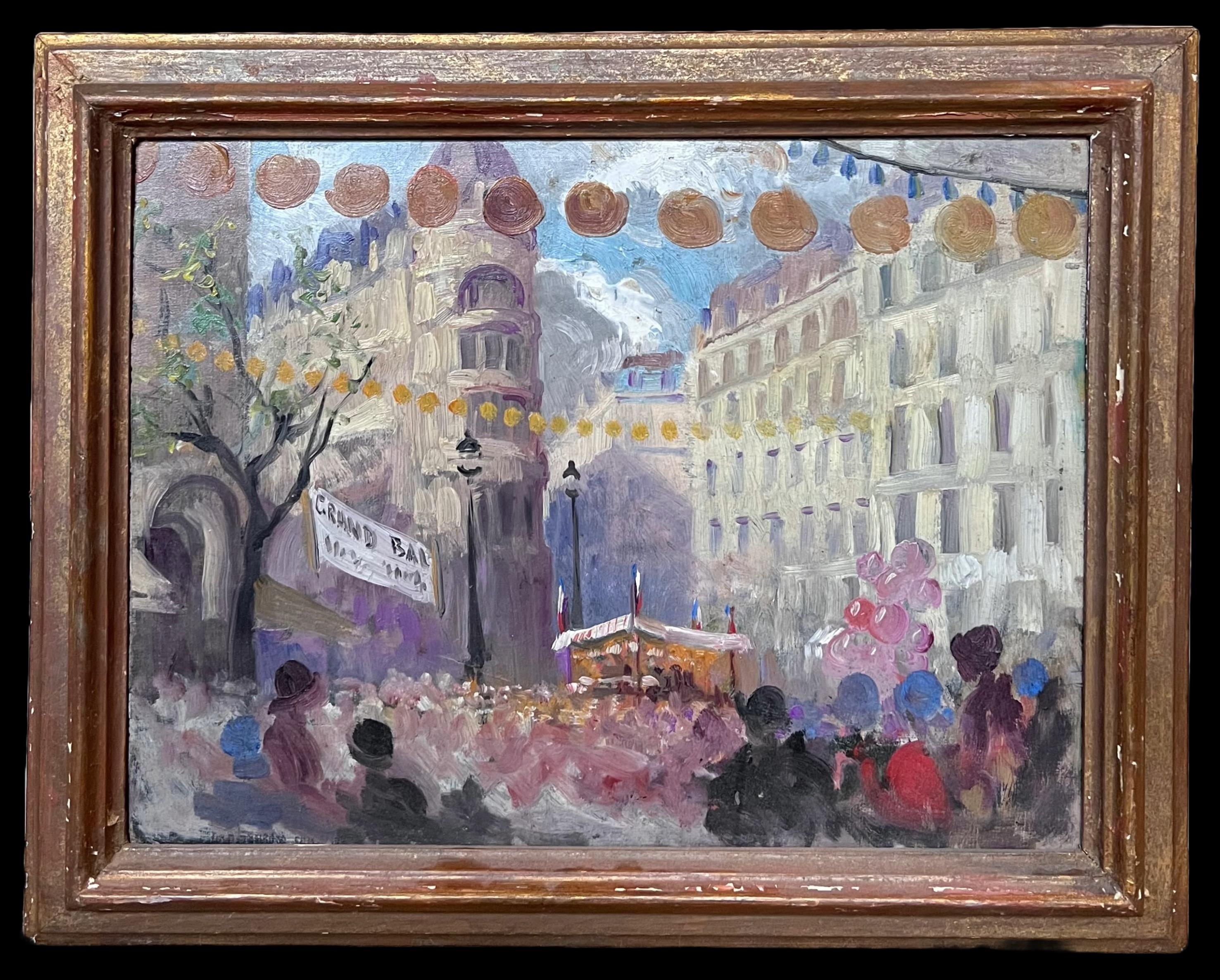 Peinture à l'huile impressionniste française des années 1930 - Scène de rue animée d'un marché français - Painting de Marcelle Krier - Lambrette