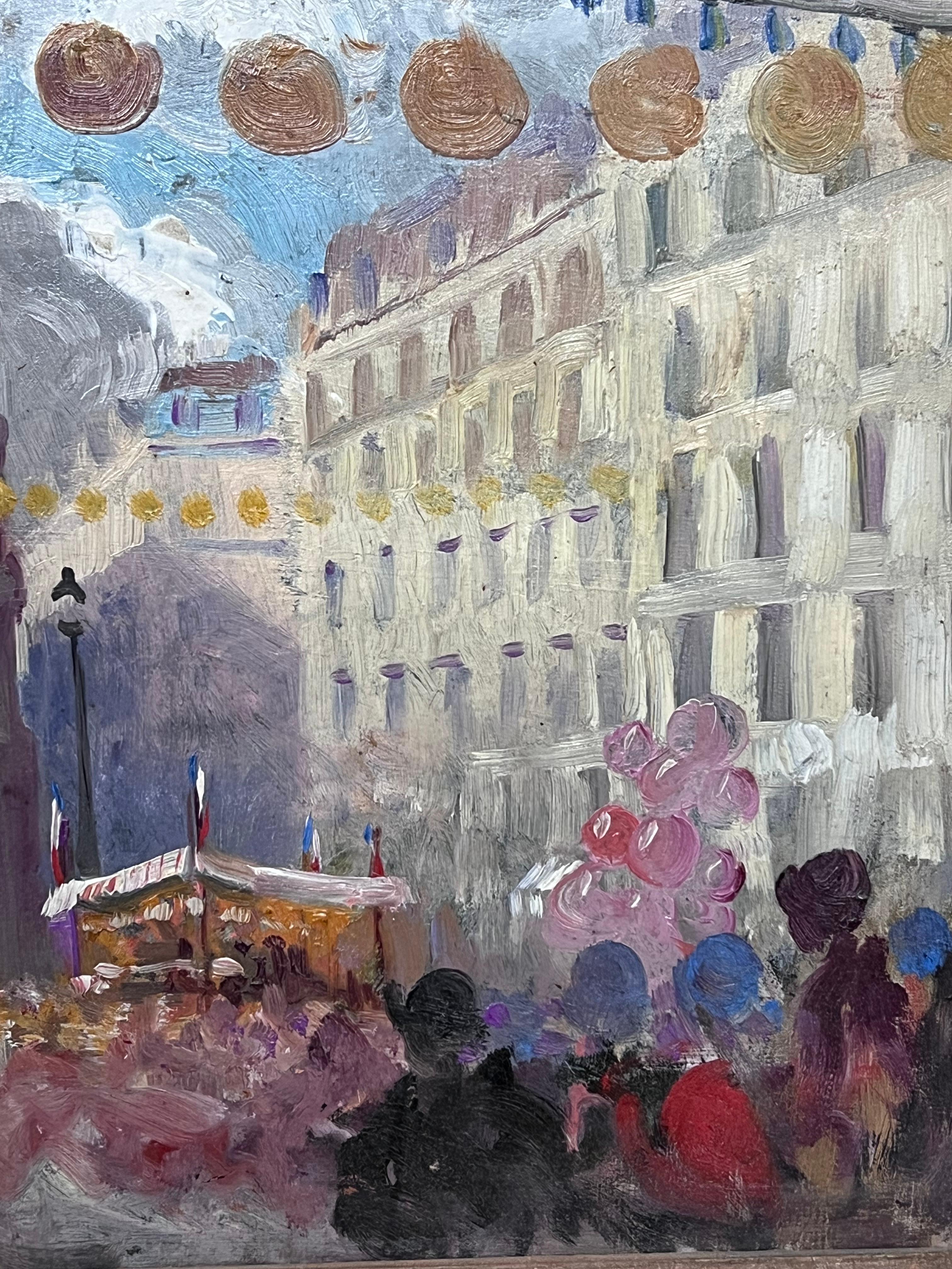 Peinture à l'huile impressionniste française des années 1930 - Scène de rue animée d'un marché français - Post-impressionnisme Painting par Marcelle Krier - Lambrette