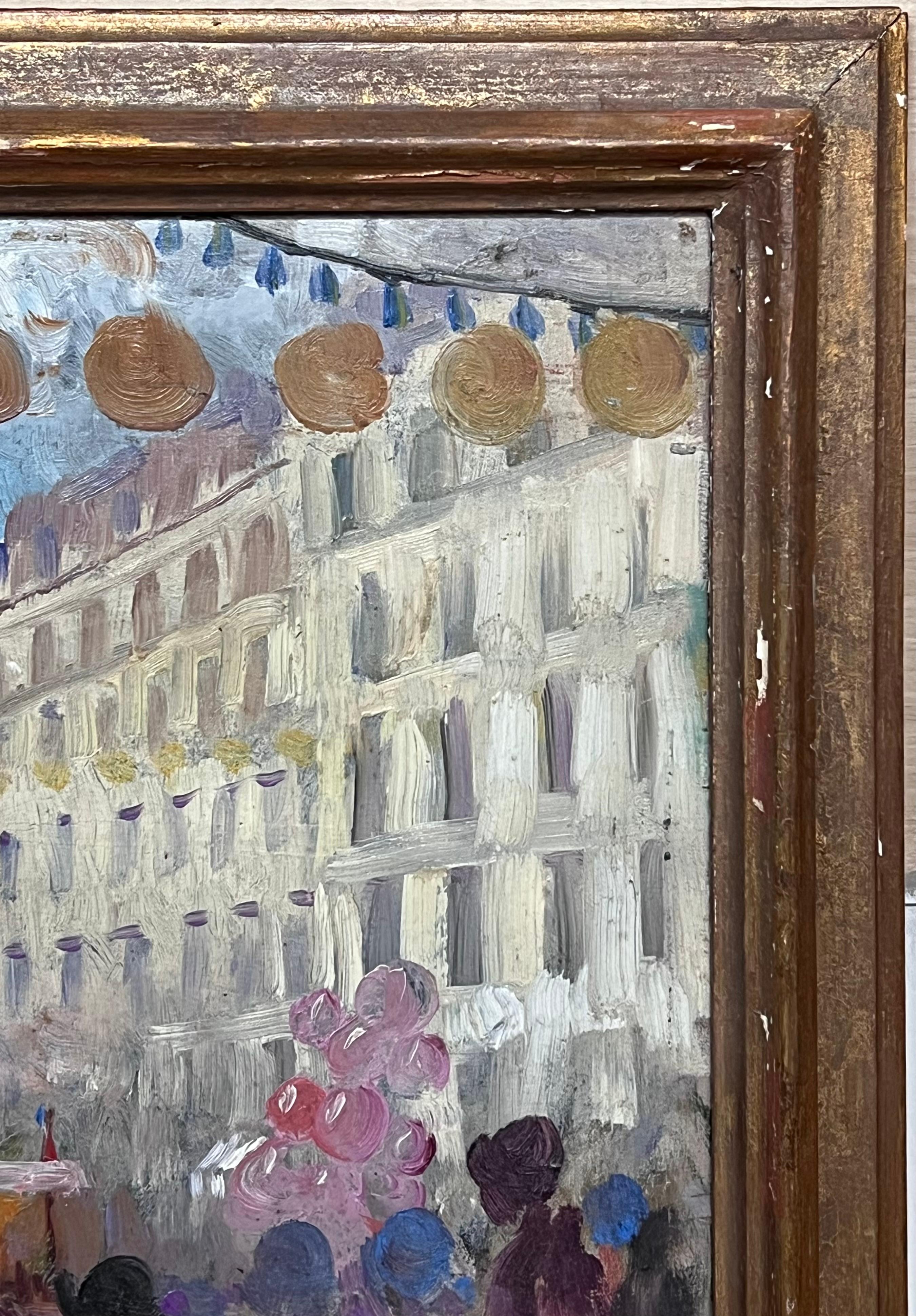 Peinture à l'huile impressionniste française des années 1930 - Scène de rue animée d'un marché français - Gris Figurative Painting par Marcelle Krier - Lambrette
