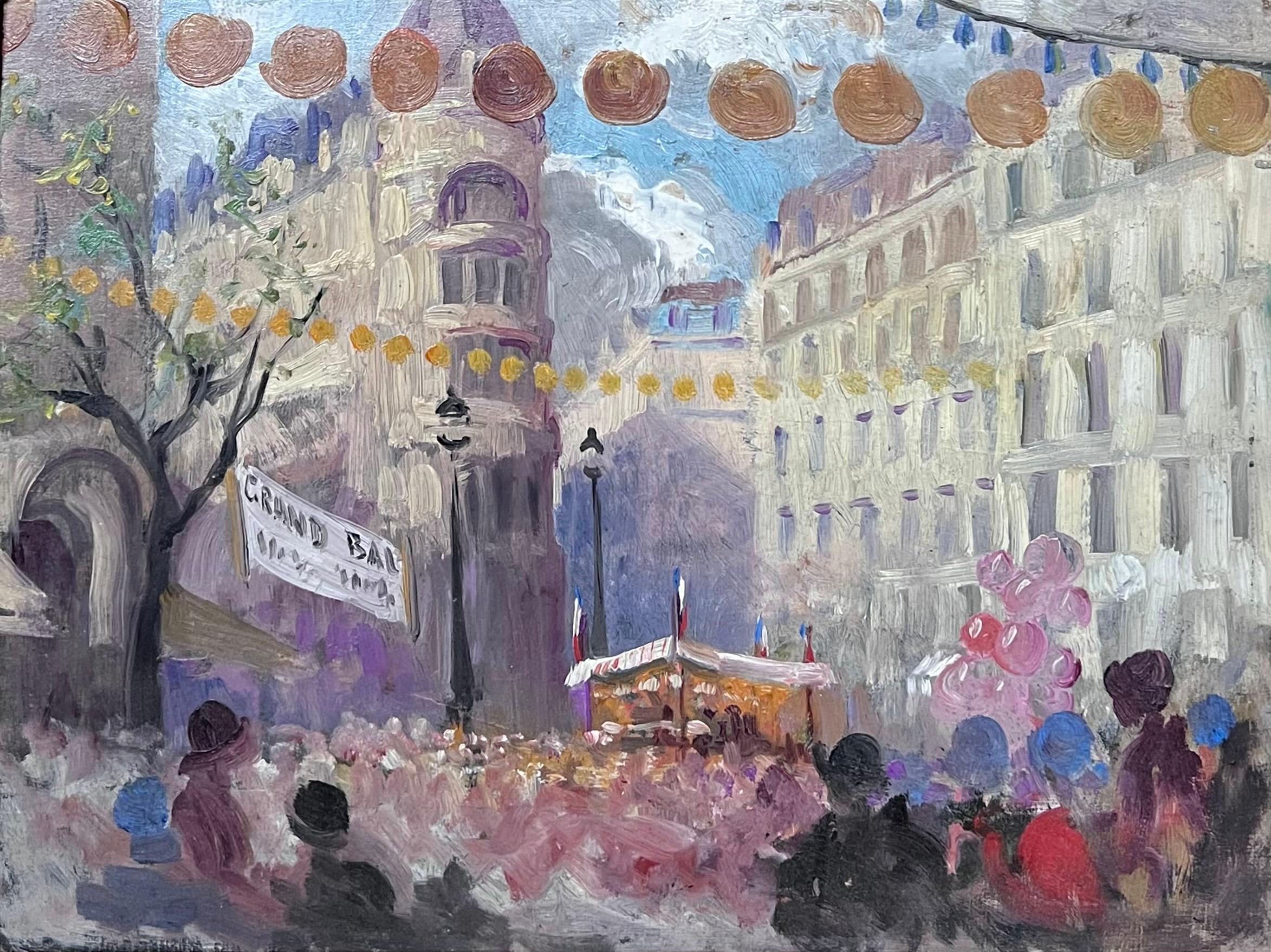 Peinture à l'huile impressionniste française des années 1930 - Scène de rue animée d'un marché français