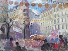 Französisches impressionistisches Ölgemälde, Busy French Market Festival Street Scene, 1930er Jahre