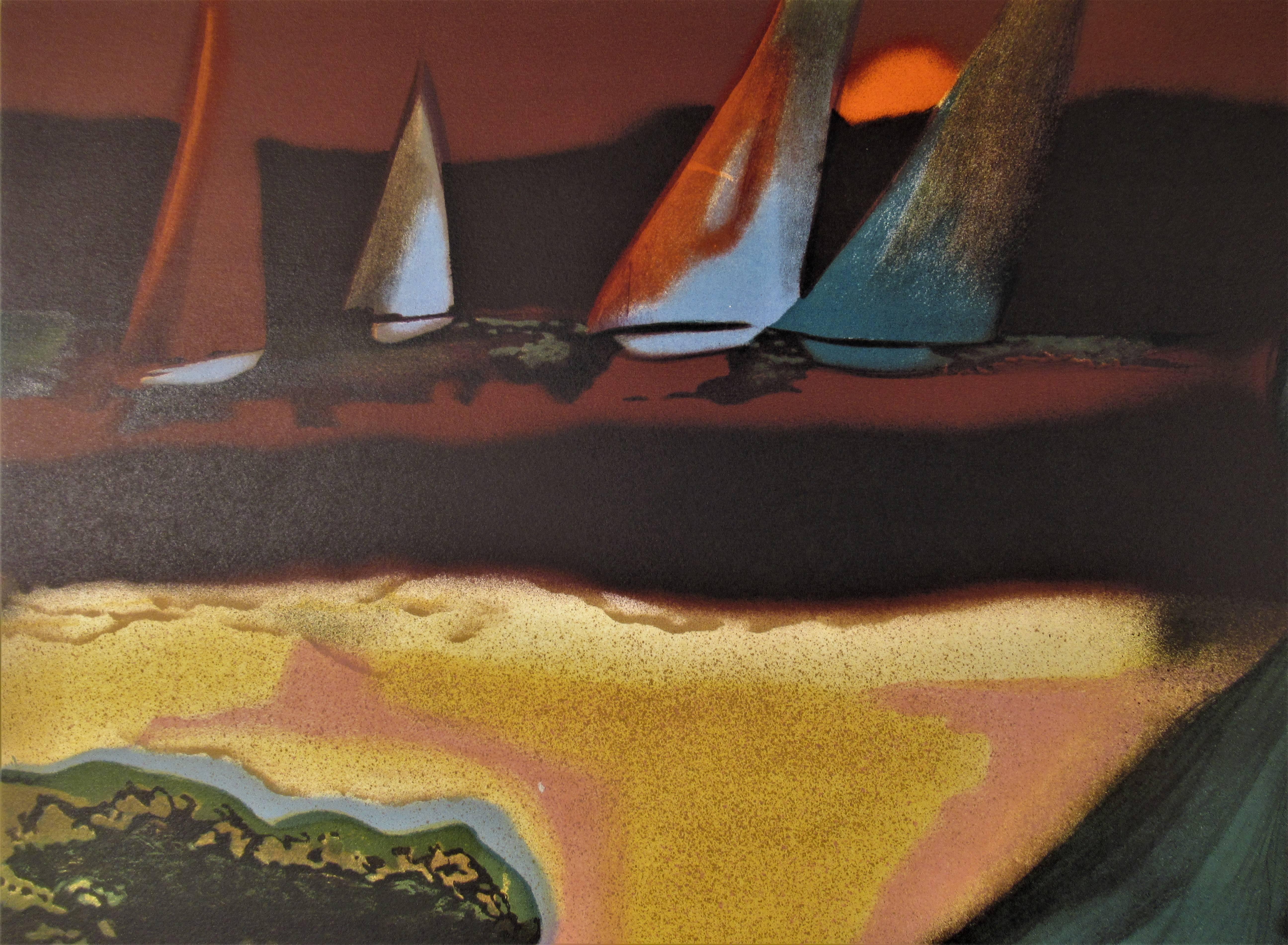 Lady and Boats (Art déco), Print, von Marcelle Simone Stoianovich