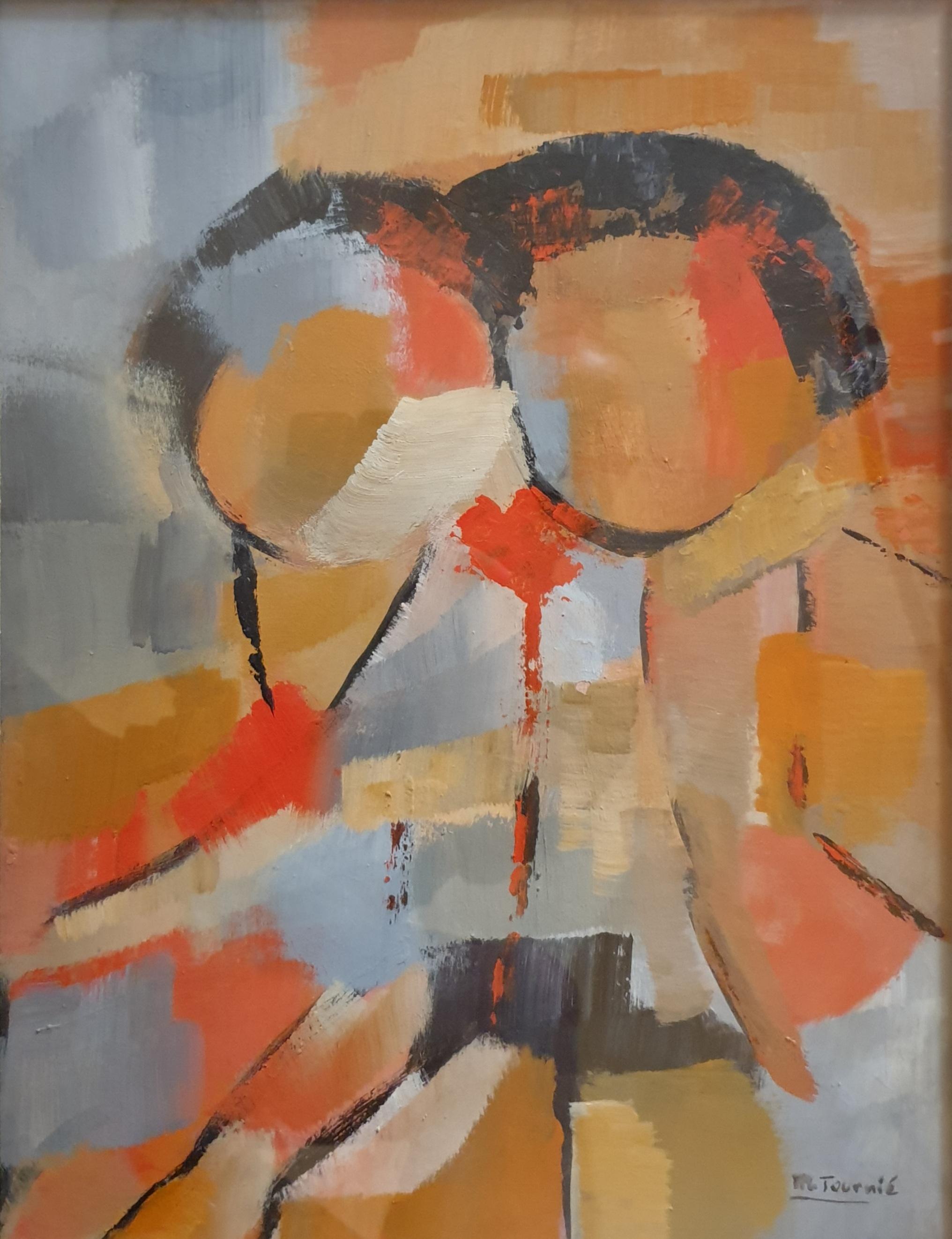 Couple Holding A Red Rose. Mid-Century Abstract Expressionist Oil on Board. - Painting by Marcelle Tournié