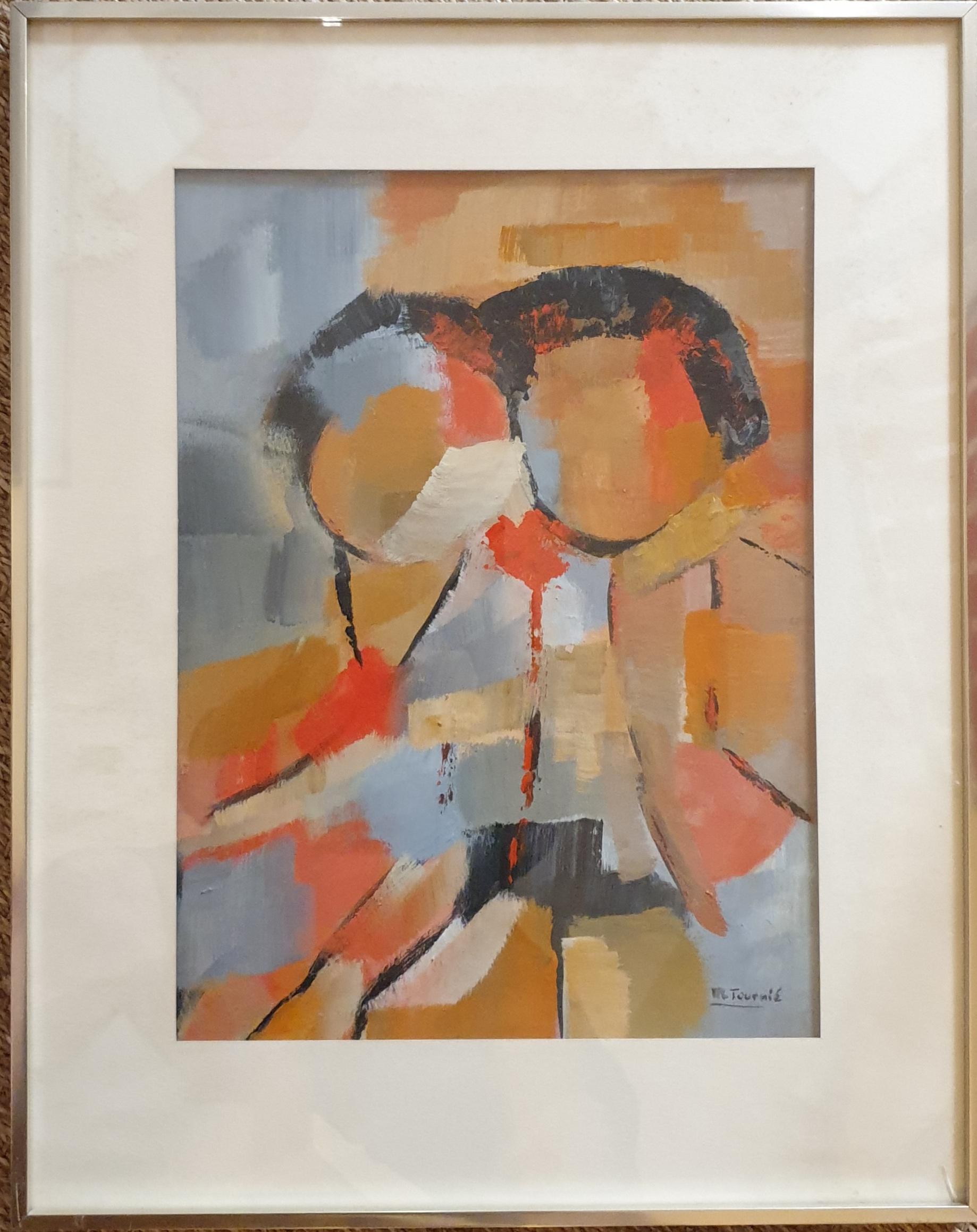 Marcelle Tournié Abstract Painting - Couple Holding A Red Rose. Mid-Century Abstract Expressionist Oil on Board.