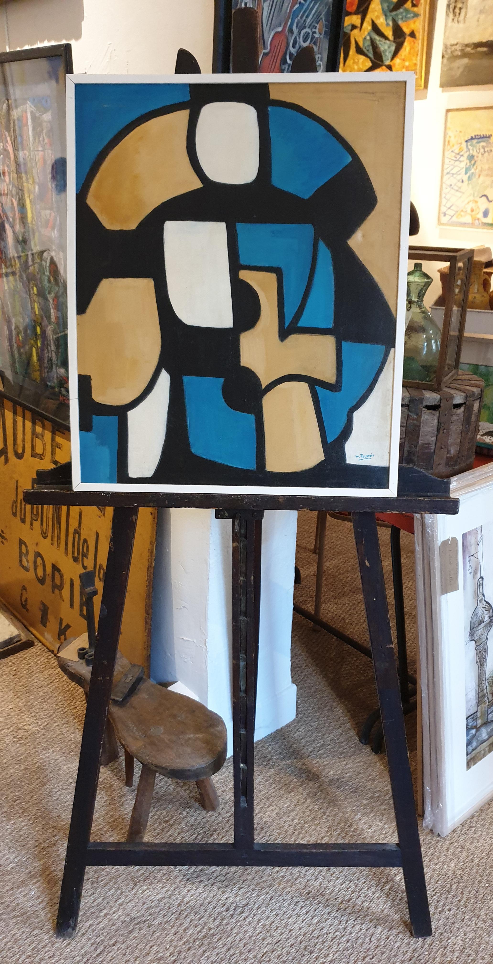 Olio astratto di metà secolo e acrilico su tela. - Abstract Painting Nero di Marcelle Tournié