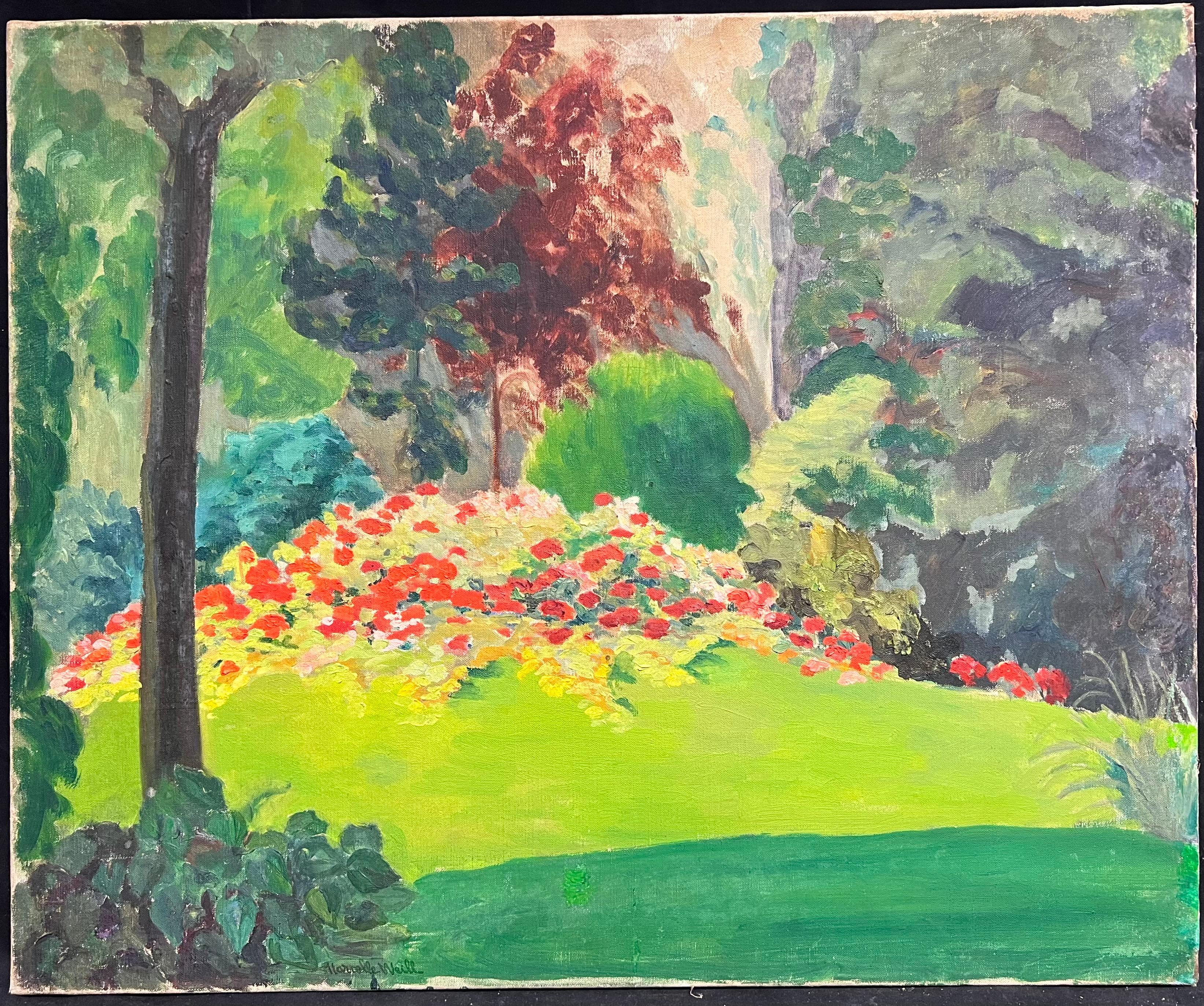 1950's French Post-Impressionist Oil Painting of a Colorful Floral Garden - Brown Landscape Painting by Marcelle Weill