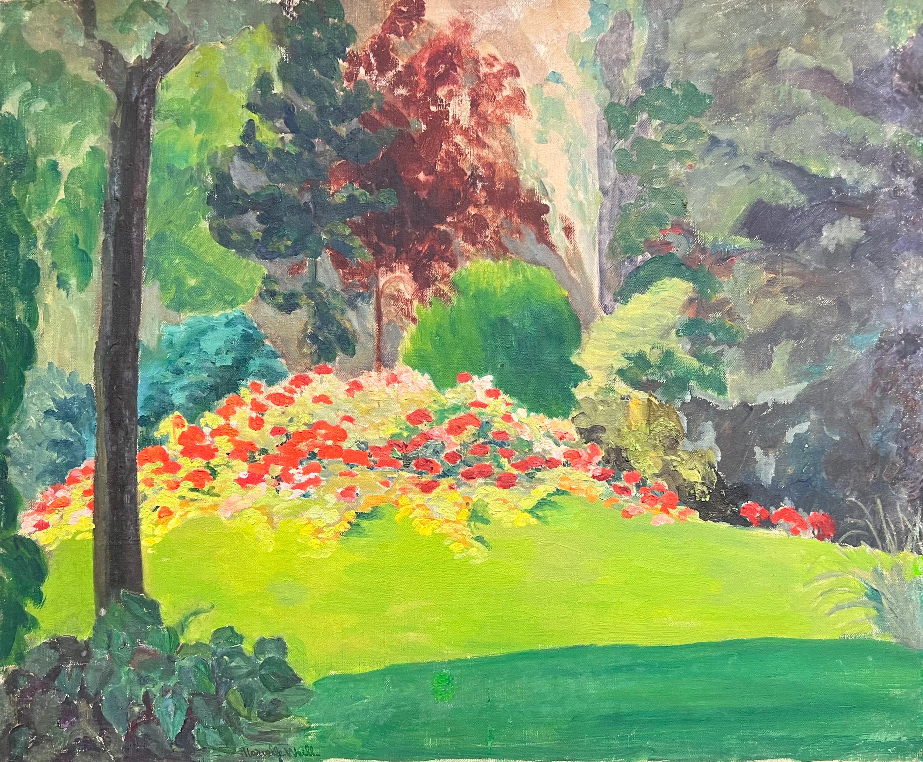 Marcelle Weill Landscape Painting - 1950's French Post-Impressionist Oil Painting of a Colorful Floral Garden
