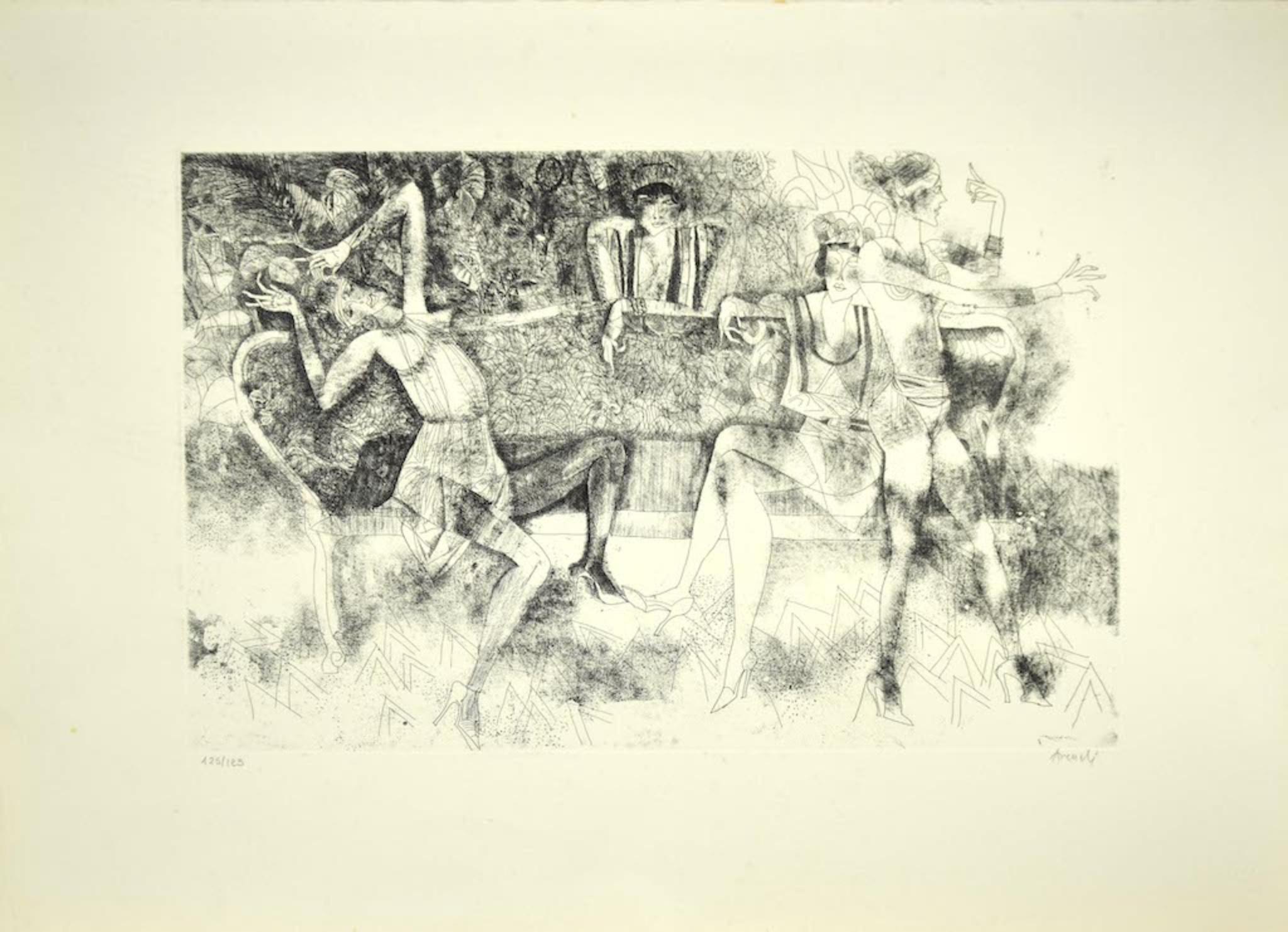 Figures is an original etching on paper by Marcello Avenali.

Hand-signed.

Numbered, edition 125/125. Image Dimensions: 32 x 50 cm

Very good condition except for worn margins.

Marcello Avenali (Rome, 1912 - Rome, 1981), was an Italian artist and