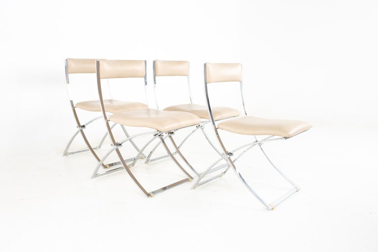Italian Marcello Cuneo Luisa Mid Century Chrome Folding Dining Chairs, Set of 4 For Sale