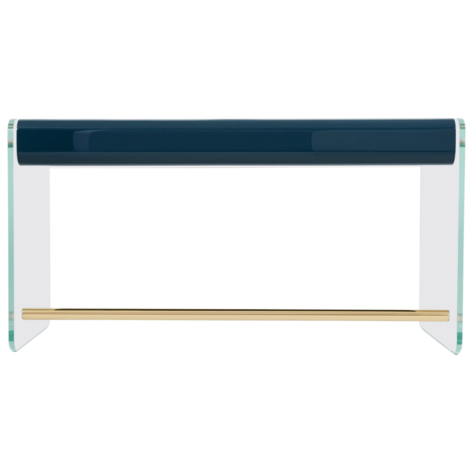 French Marcello Desk in Blue Lacquer, Glass, and Brass by Joris Poggioli For Sale