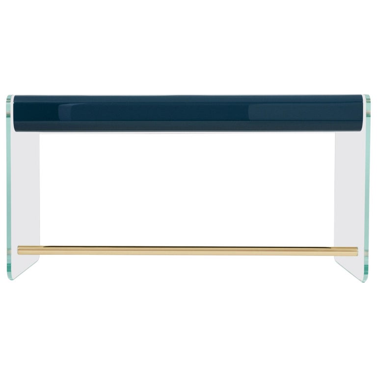 French Marcello Desk In Blue Lacquer Glass And Brass By Joris