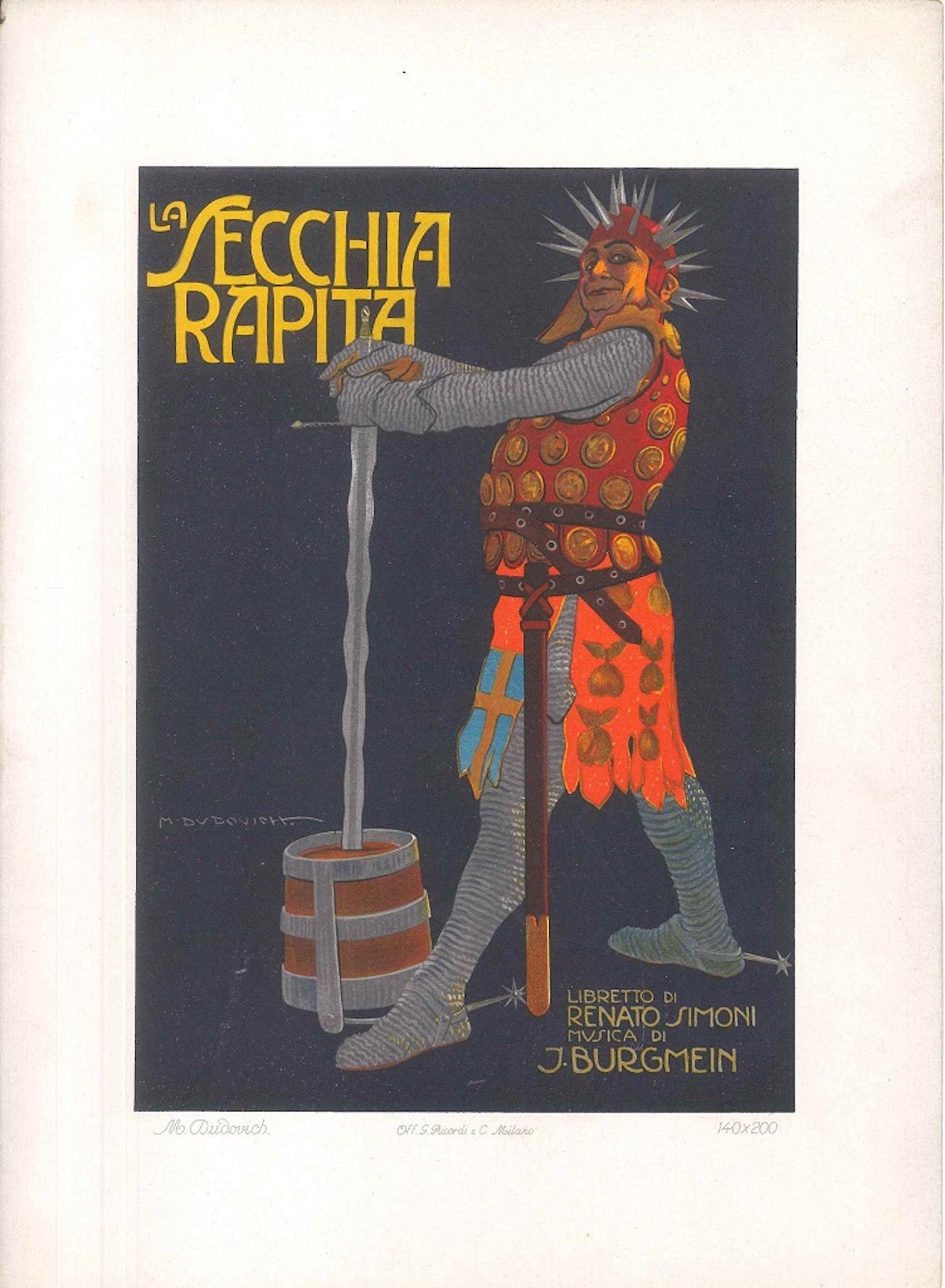 Dimensioni dell'immagine. 26x18 cm.

La Secchia Rapita è una bellissima e rara litografia a colori stampata da Ricordi, Milano, nel 1910.

Una bella locandina per "La Secchia Rapita", di Alessandro Tassoni, libretto di Renato Simoni e musica di J.