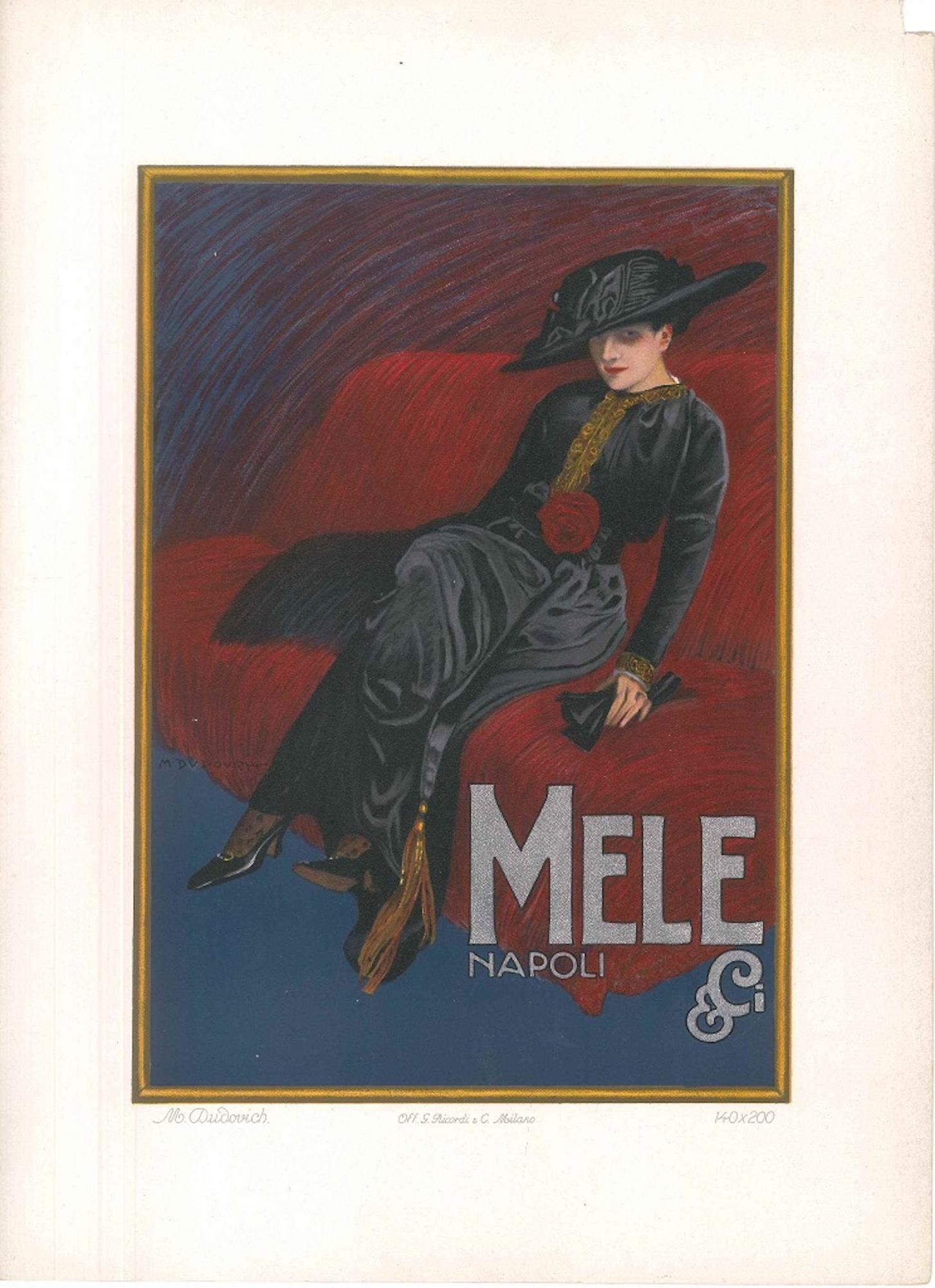 Image dimensions. 26x18 cm.

Mele 4 is a rare color lithograph printed by G. Ricordi and C. Milano, Milan between 1895 and 1914.

An advertising poster of the famous Neapolitan tailoring society "Mele", in very good conditions, except for a lightly
