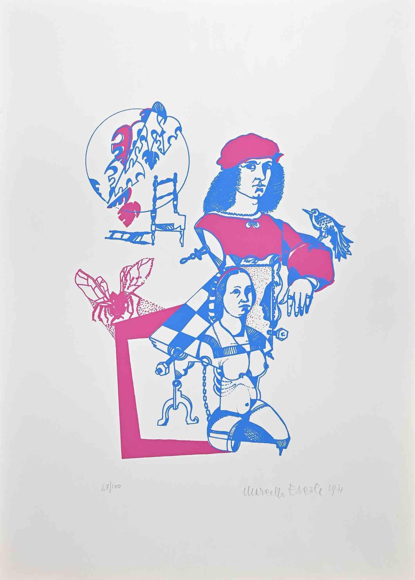 Figuras es una maravillosa litografía coloreada sobre papel, realizada en 1971 por el artista italiano Marcello Ercole.

Firmado a mano y numerado a lápiz en el margen inferior. Edición de 100 copias .

Esta obra de arte contemporánea, que