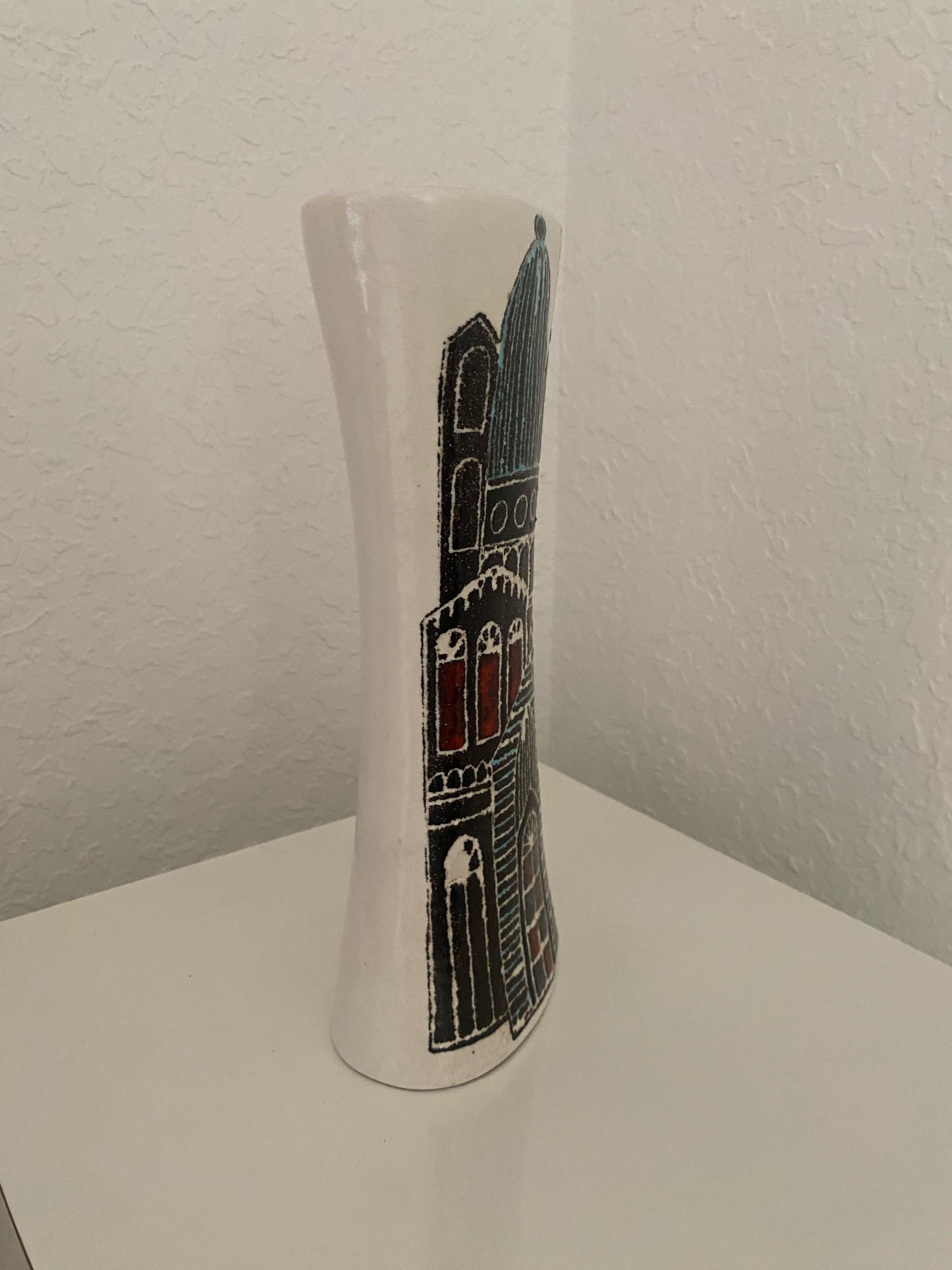 Marcello Fantoni Jarrón de cerámica de los años 60 con paisaje urbano mediados del siglo XX en venta