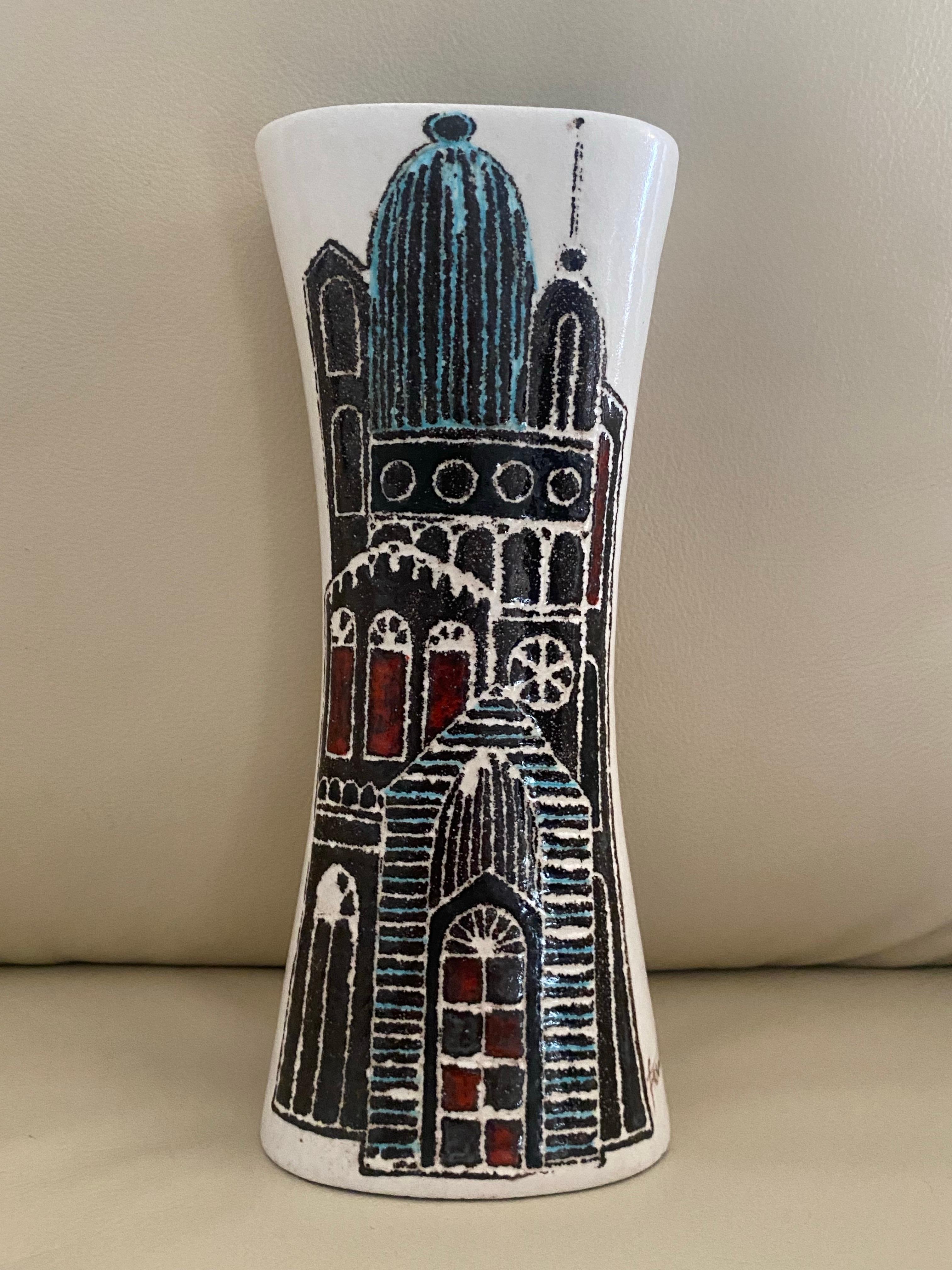 Marcello Fantoni Jarrón de cerámica de los años 60 con paisaje urbano Moderno de mediados de siglo en venta