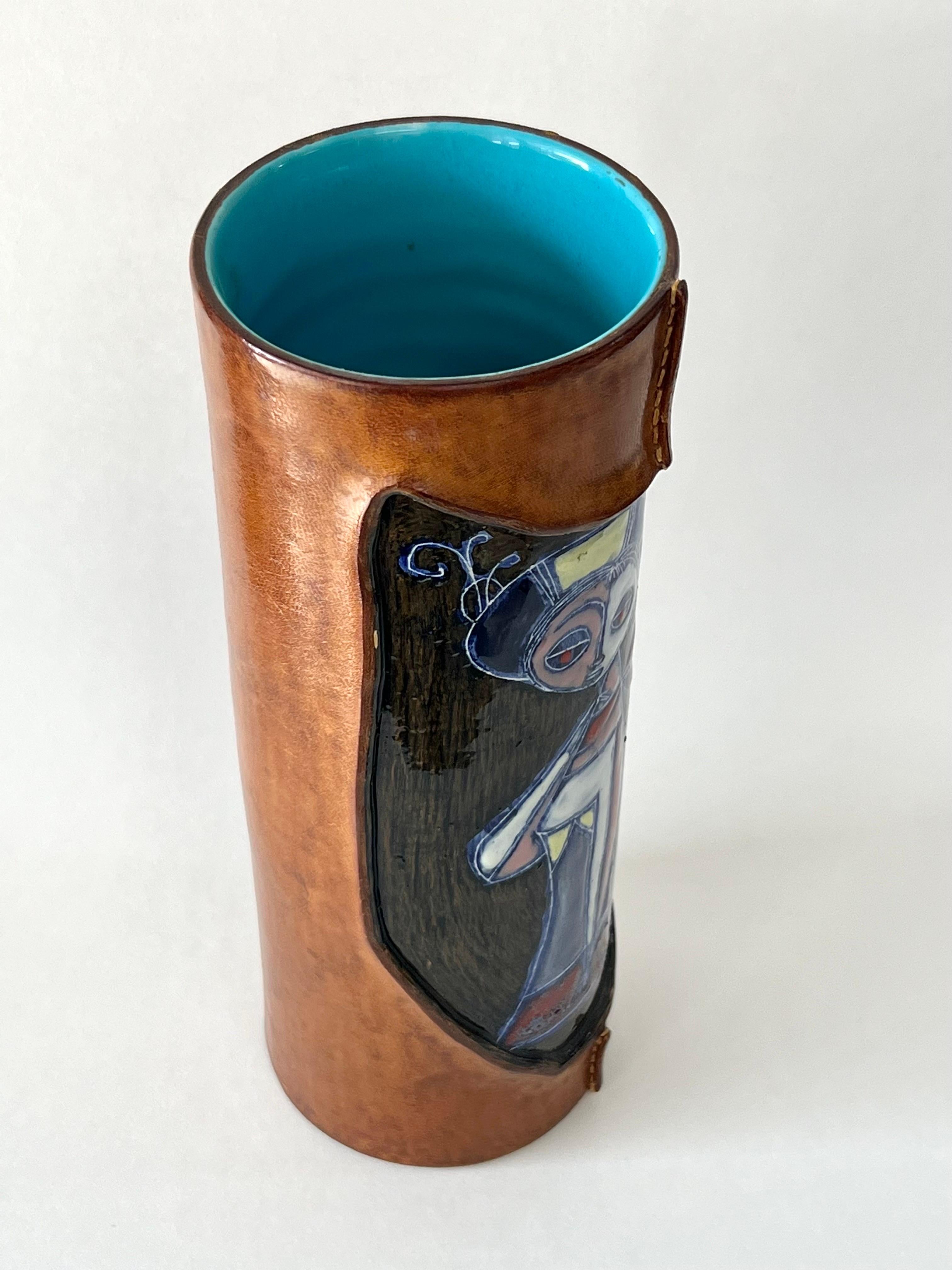 Marcello Fantoni Abstract Ceramic Vase with Leather In Good Condition For Sale In Miami, FL