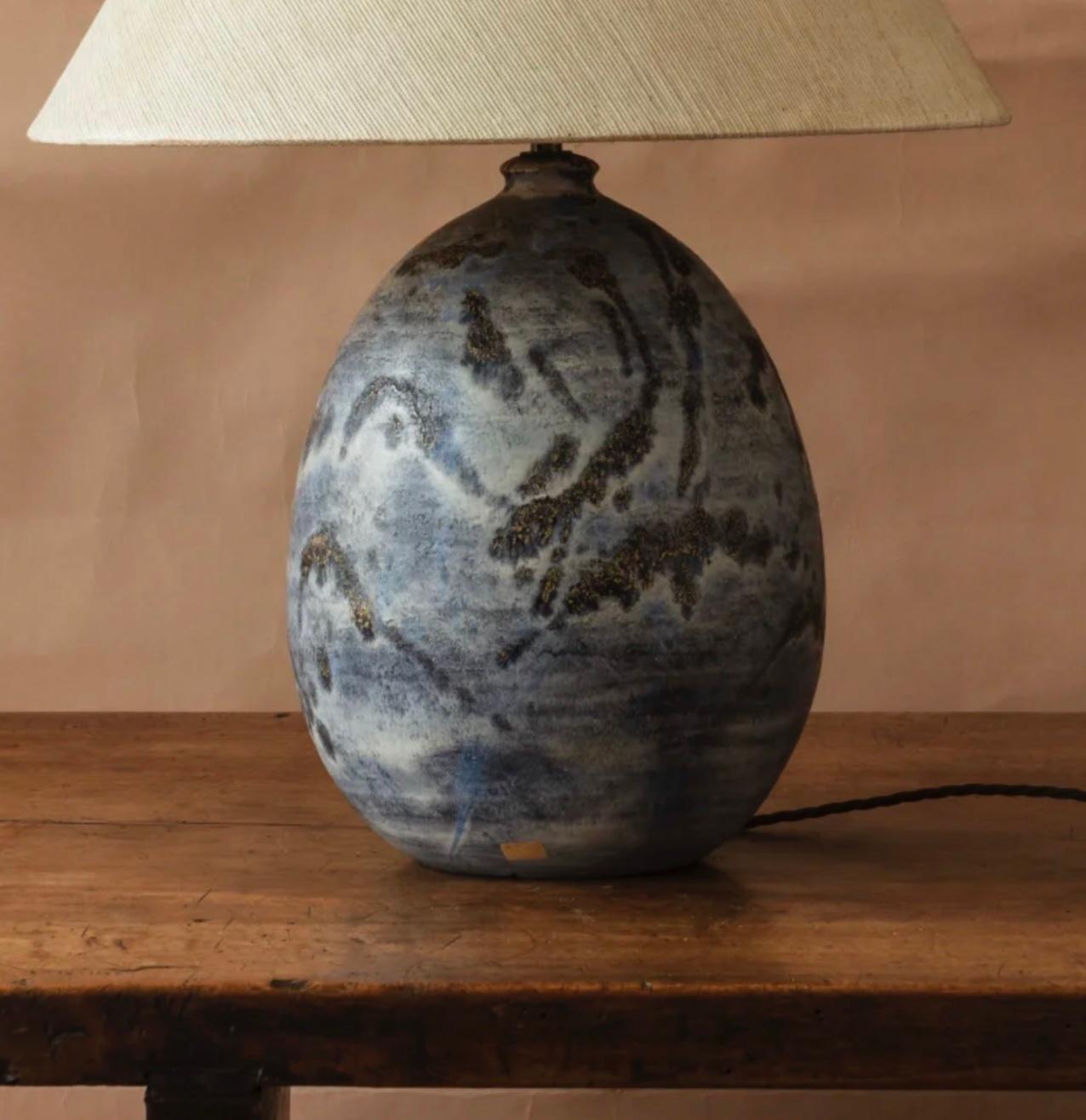 Italian Marcello Fantoni Blue and Silver Lamp with Linen Shade