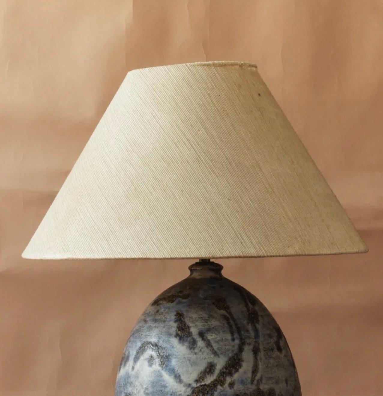 Glazed Marcello Fantoni Blue and Silver Lamp with Linen Shade
