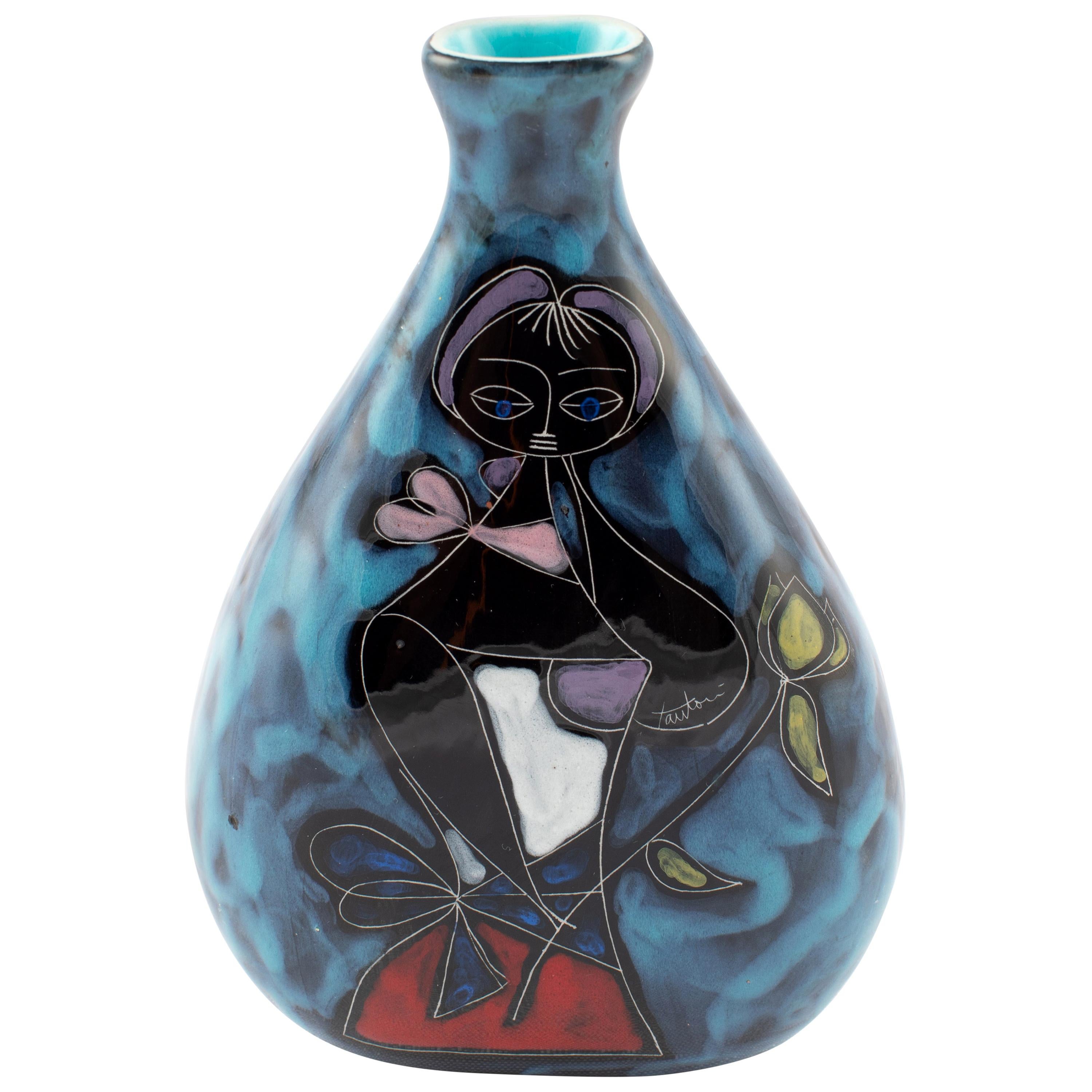 Marcello Fantoni Blue Vase with Female Figure, circa 1960s For Sale