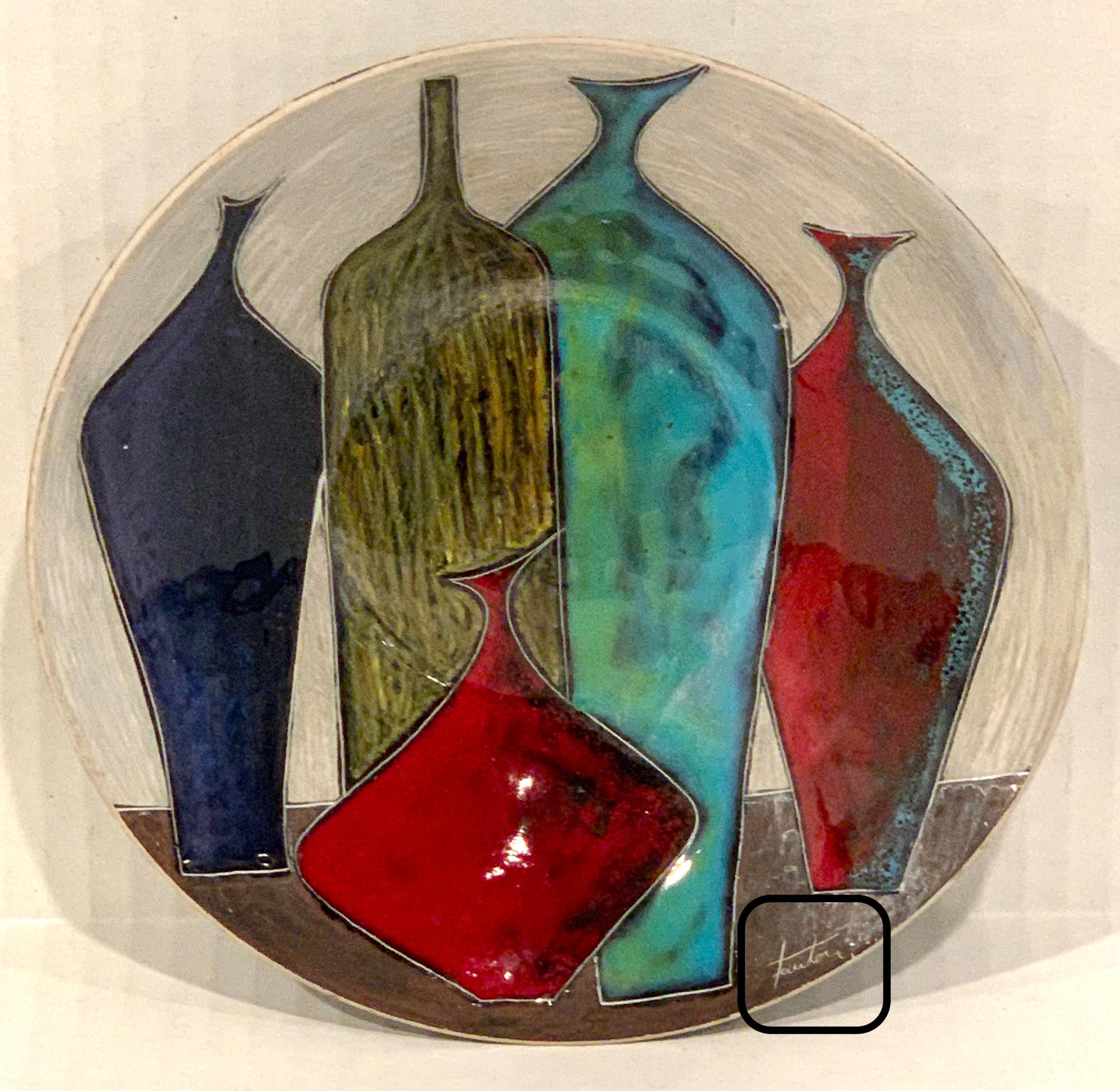 Marcello Fantoni bowl decorated with a still life of Italian vases
Decorated with rich applied enamel, signed on the front lower right and on the back.