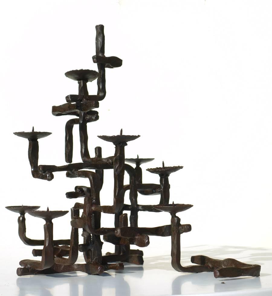 Mid-20th Century Marcello Fantoni Brutalist Art Midcentury Iron Sculpture Candleholder, Signed