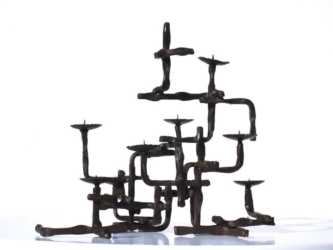 Marcello Fantoni Brutalist Art Midcentury Iron Sculpture Candleholder, Signed 1