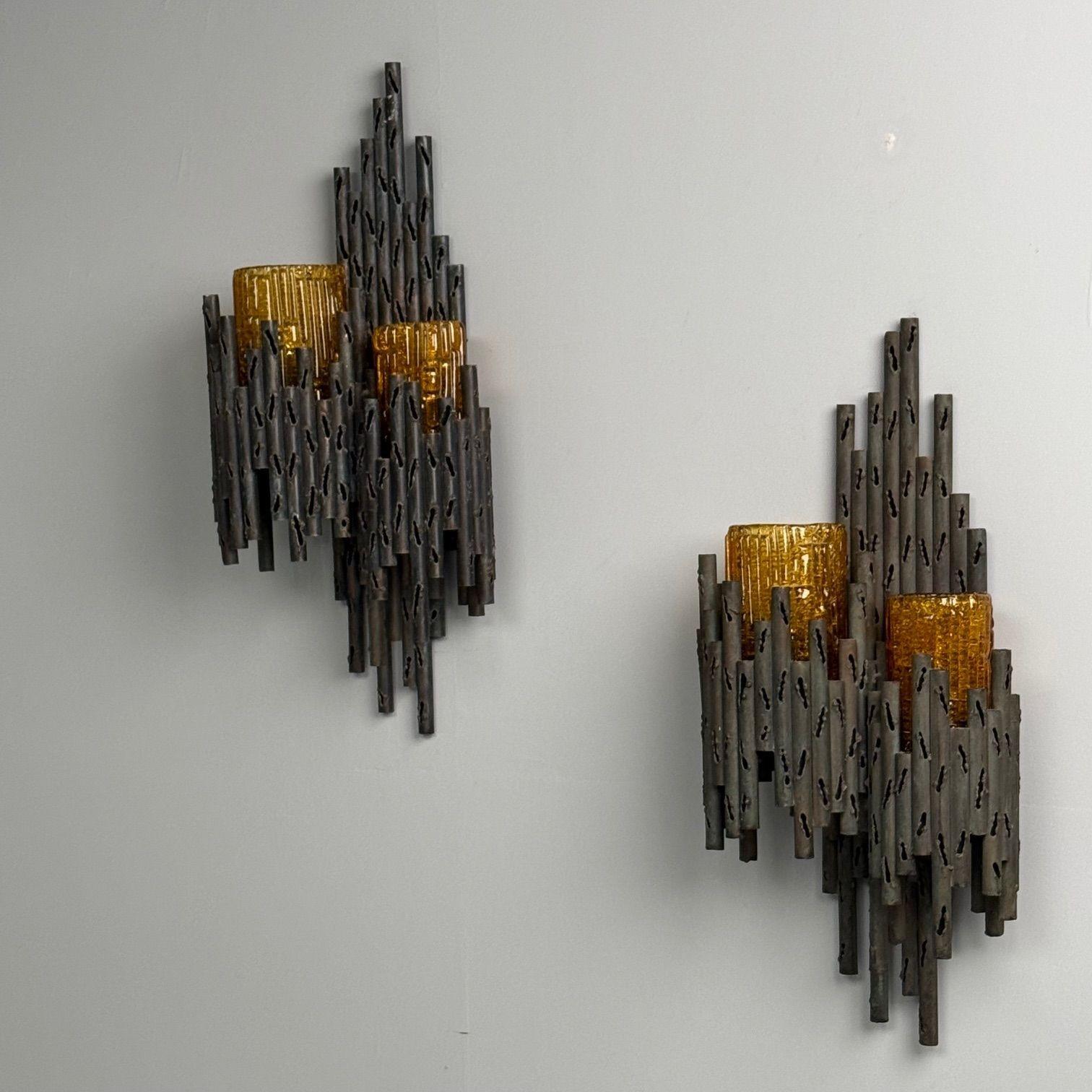Italian Marcello Fantoni, Brutalist Mid-Century Modern Wall Sconces, Wrought Iron, Glass For Sale