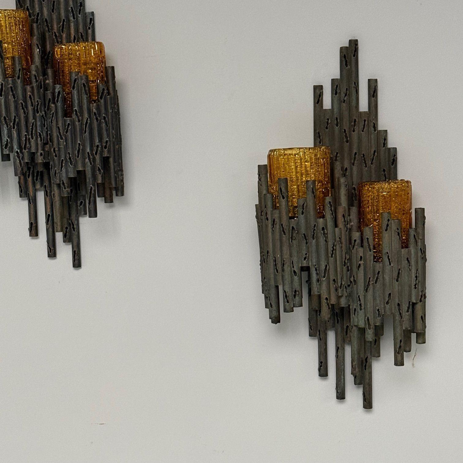 Marcello Fantoni, Brutalist Mid-Century Modern Wall Sconces, Wrought Iron, Glass In Good Condition For Sale In Manhasset, NY