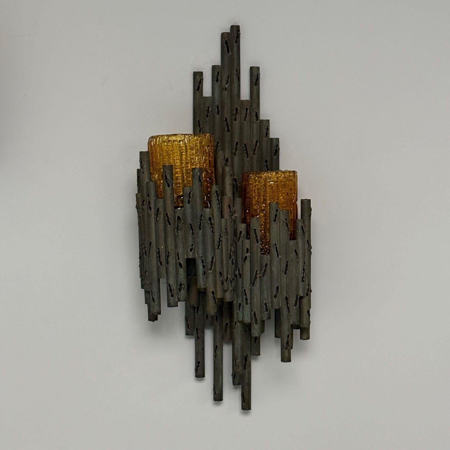 Mid-20th Century Marcello Fantoni, Brutalist Mid-Century Modern Wall Sconces, Wrought Iron, Glass For Sale
