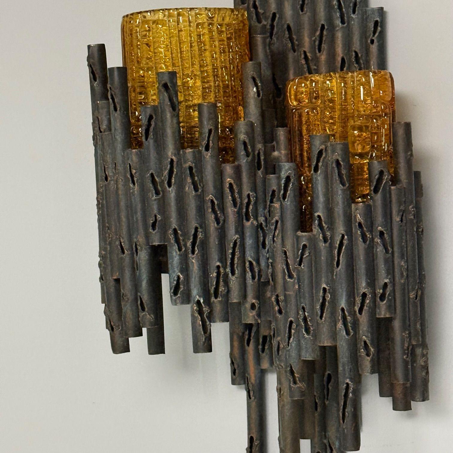Steel Marcello Fantoni, Brutalist Mid-Century Modern Wall Sconces, Wrought Iron, Glass For Sale