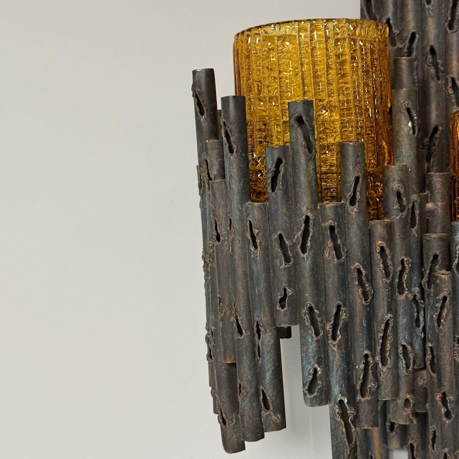 Marcello Fantoni, Brutalist Mid-Century Modern Wall Sconces, Wrought Iron, Glass For Sale 1