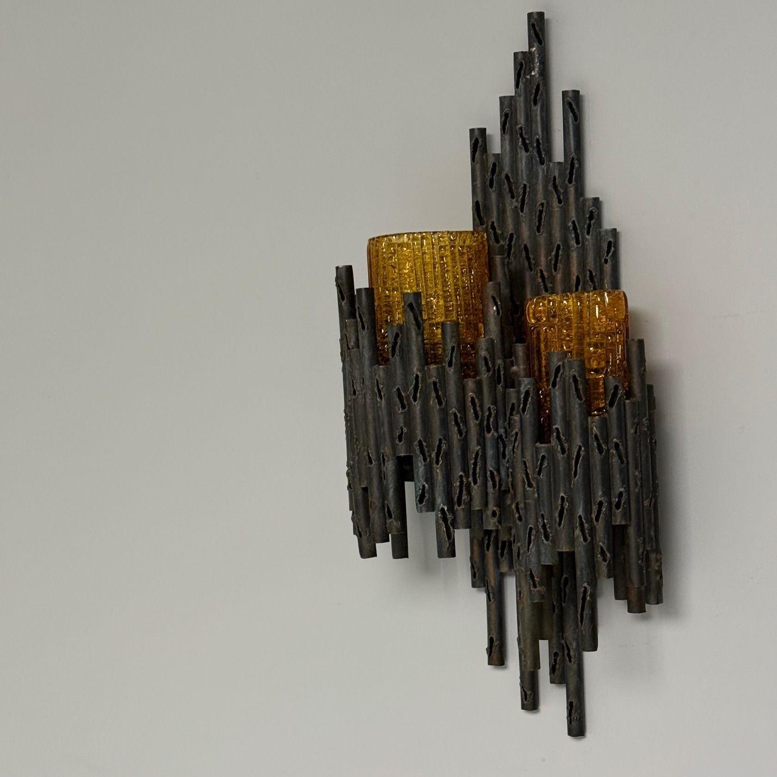 Marcello Fantoni, Brutalist Mid-Century Modern Wall Sconces, Wrought Iron, Glass For Sale 3