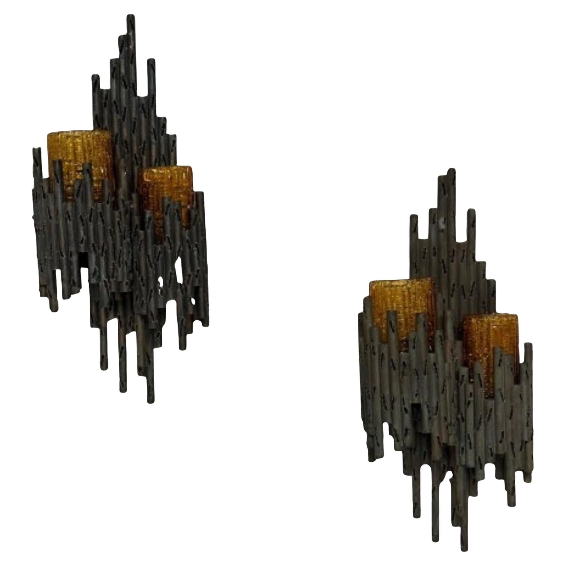 Marcello Fantoni, Brutalist Mid-Century Modern Wall Sconces, Wrought Iron, Glass