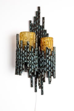 Marcello Fantoni Brutalist Wand Lamp of Brass Welded Pipes with Orange Art-Glass