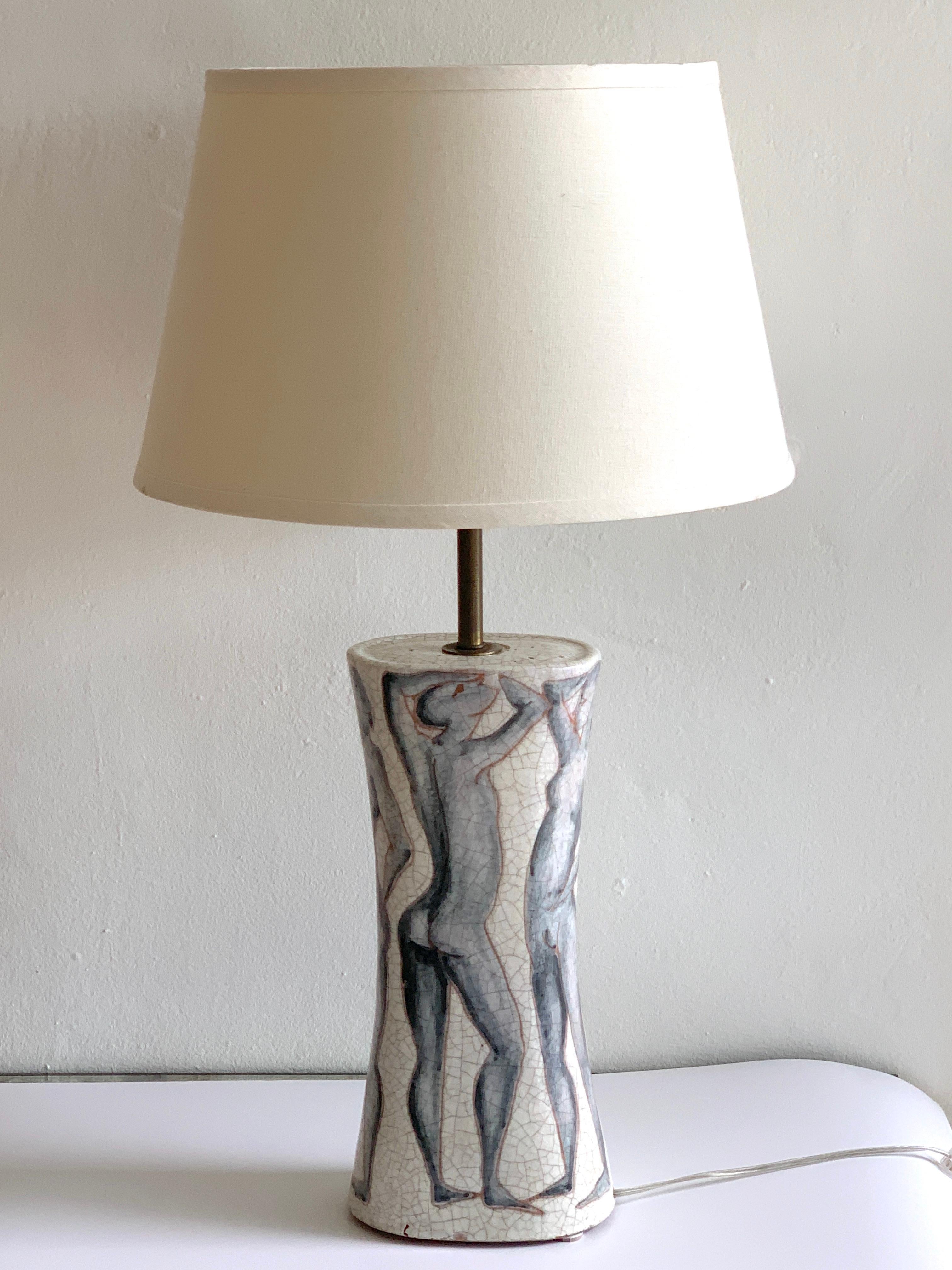 Marcello Fantoni for Raymor 'Nudes' lamp, with painted continuous full figure nudes, fitted with brass stem and white glass torchiere style shade ( glass shade is included)
28
