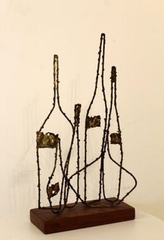 Marcello Fantoni for Ryamor Italy Brutalist Dappled Brass Wire Sculpture Bottles