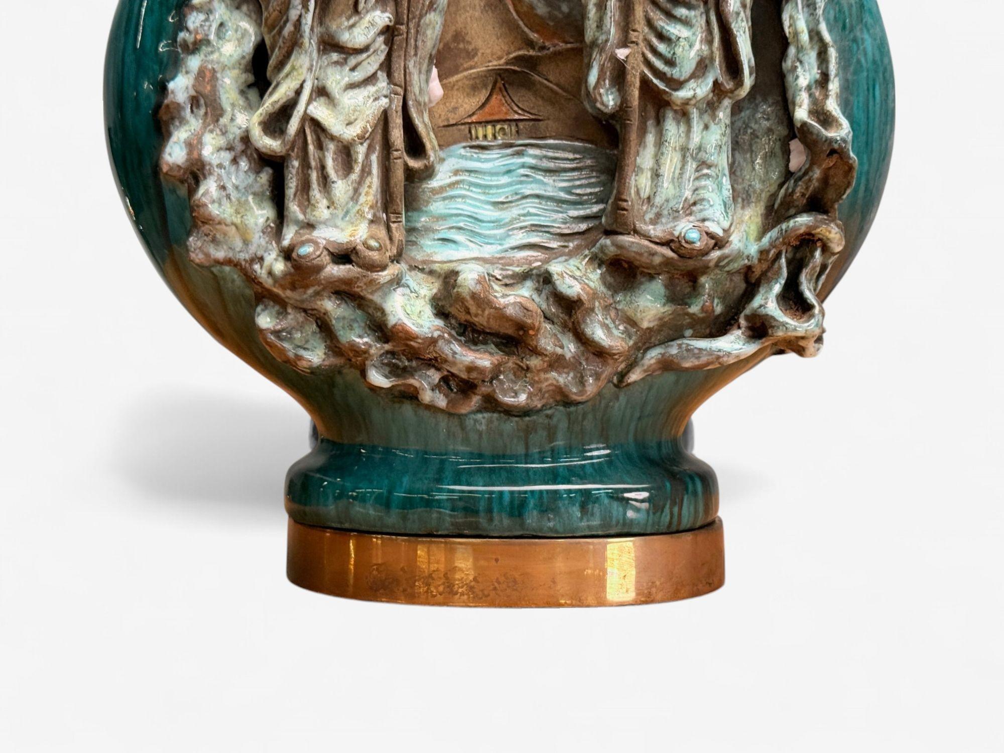 Marcello Fantoni, cerámica verde, lámparas de mesa chinas, Italia, década de 1940 en venta 1