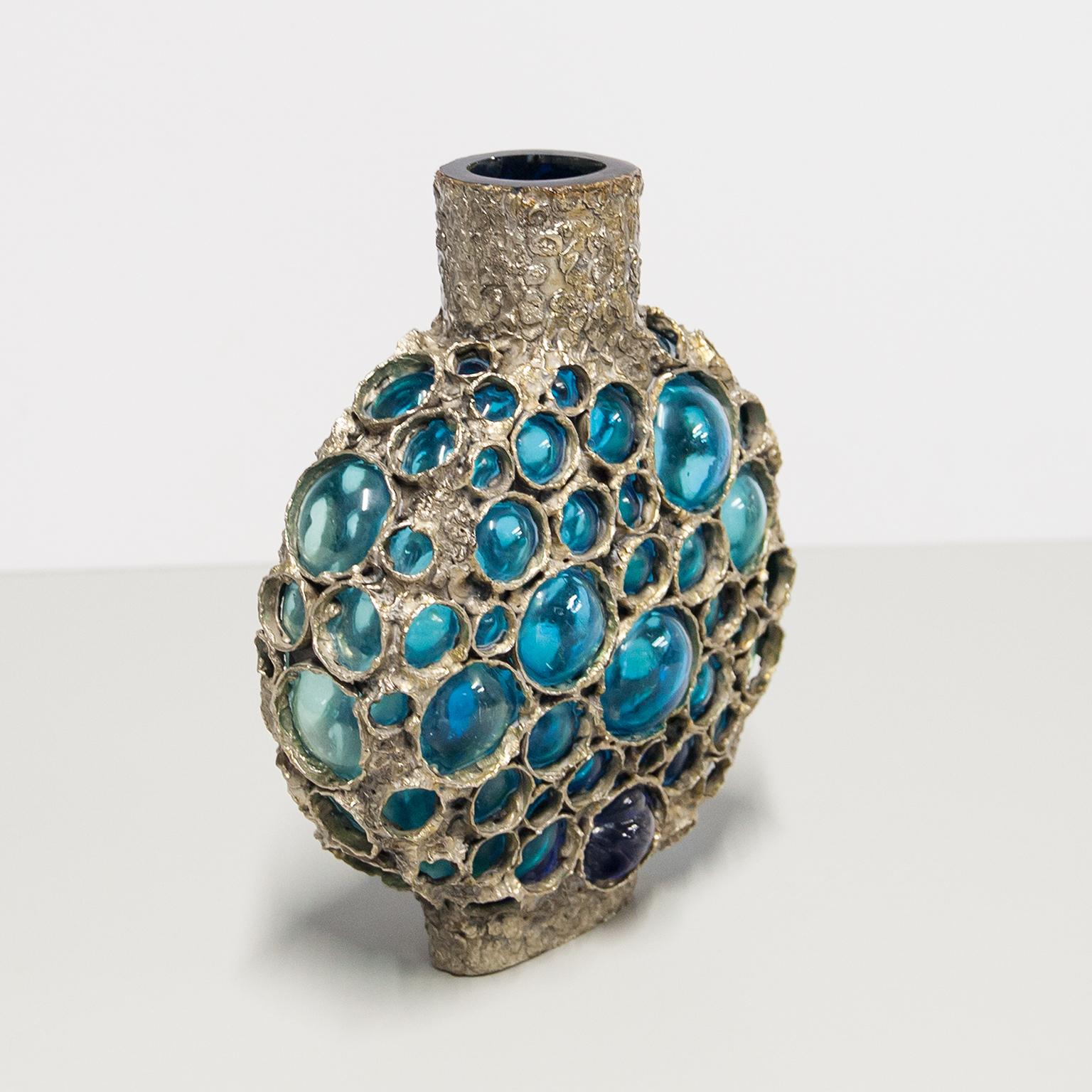 Italian Marcello Fantoni Hand Blown Blue Vase For Sale