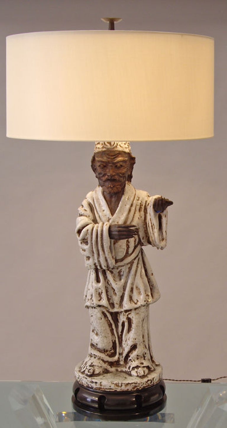 Original Fantoni large 1950s Italian glazed ceramic lamp on wood mount. New custom silk shade.

Figure on base measures: 34