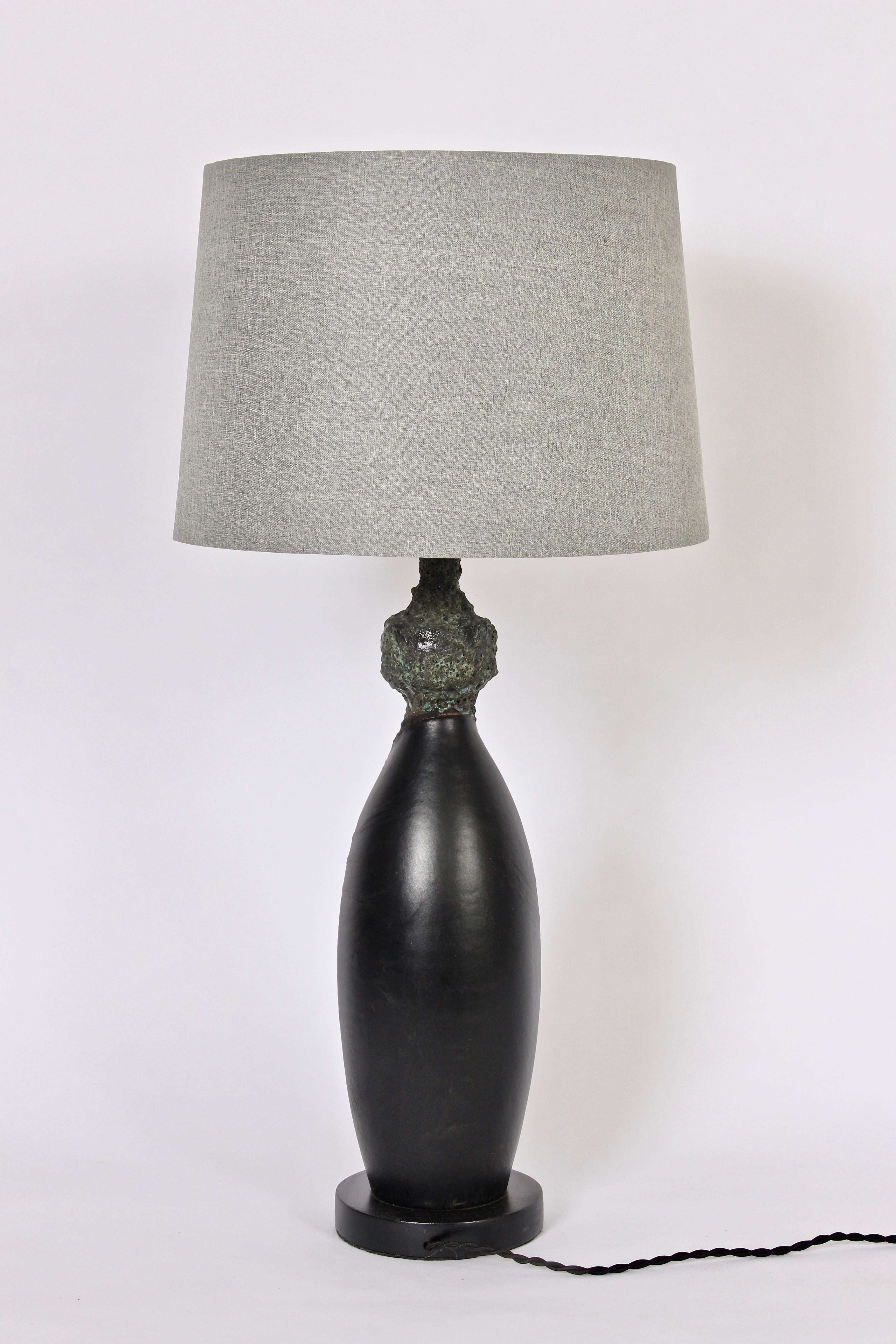 Mid-Century Modern San Marino Fantoni Style Rock Glaze & Black Leather Art Pottery Table Lamp For Sale