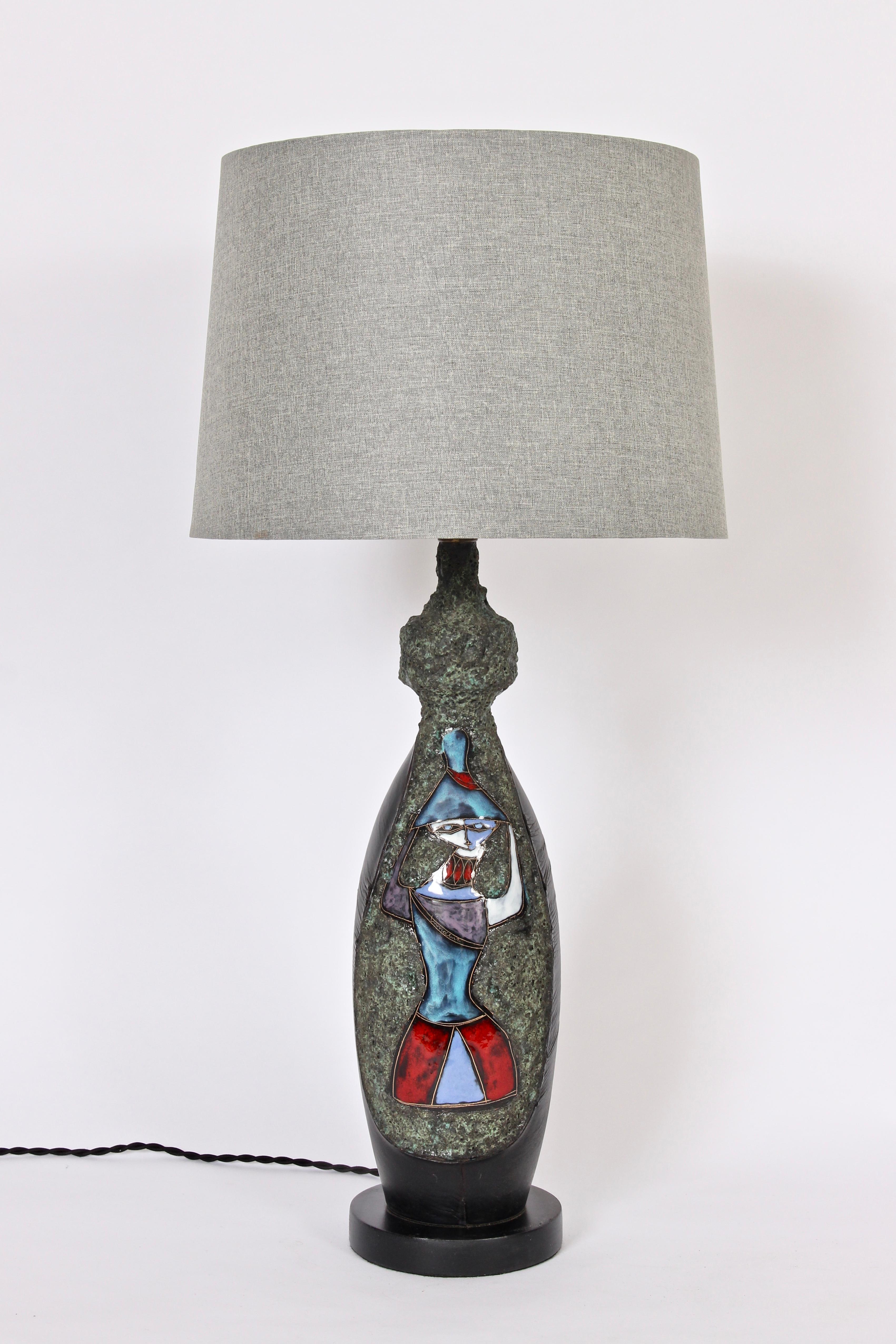 San Marino Fantoni Style Rock Glaze & Black Leather Art Pottery Table Lamp For Sale 2