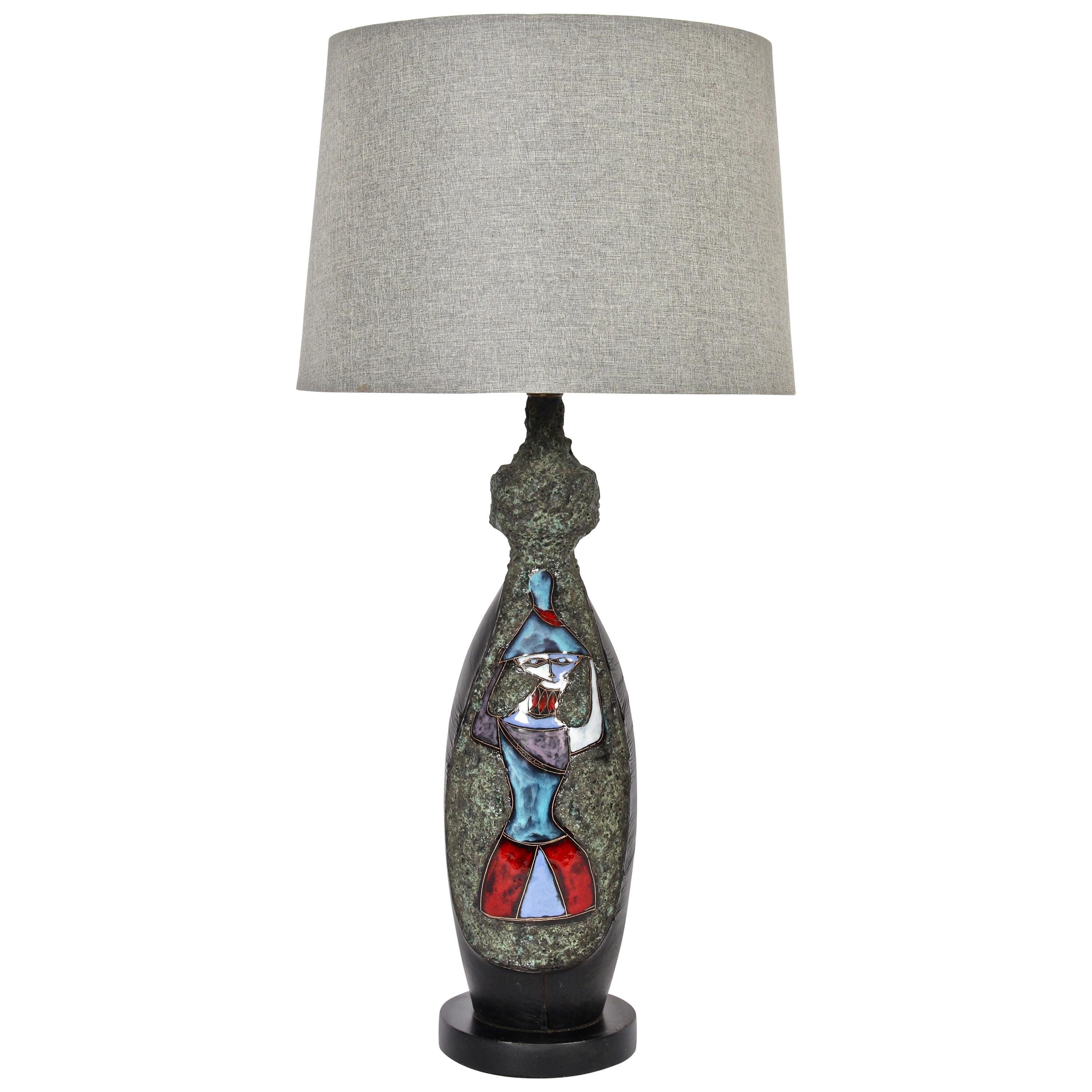 San Marino Fantoni Style Rock Glaze & Black Leather Art Pottery Table Lamp For Sale