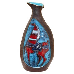 Marcello Fantoni Leather Ceramic Vase with Horse Design Vintage Italian MCM