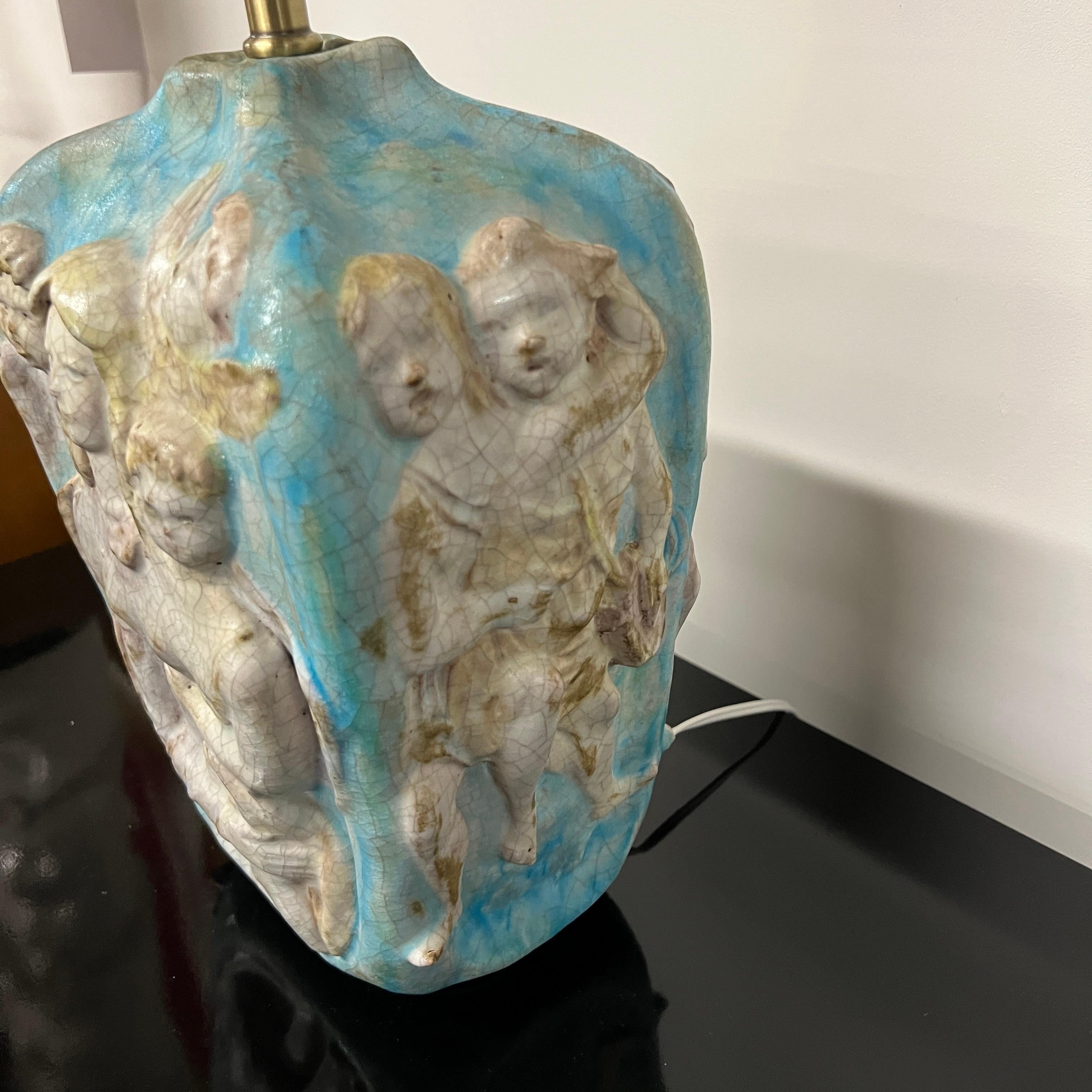 Mid-20th Century Marcello Fantoni Neoclassical Figural Table Lamp in Light Blue and Ivory For Sale