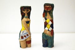 Marcello Fantoni coppia di vasi scultura in ceramica Arlecchino e Colombina, anni '60