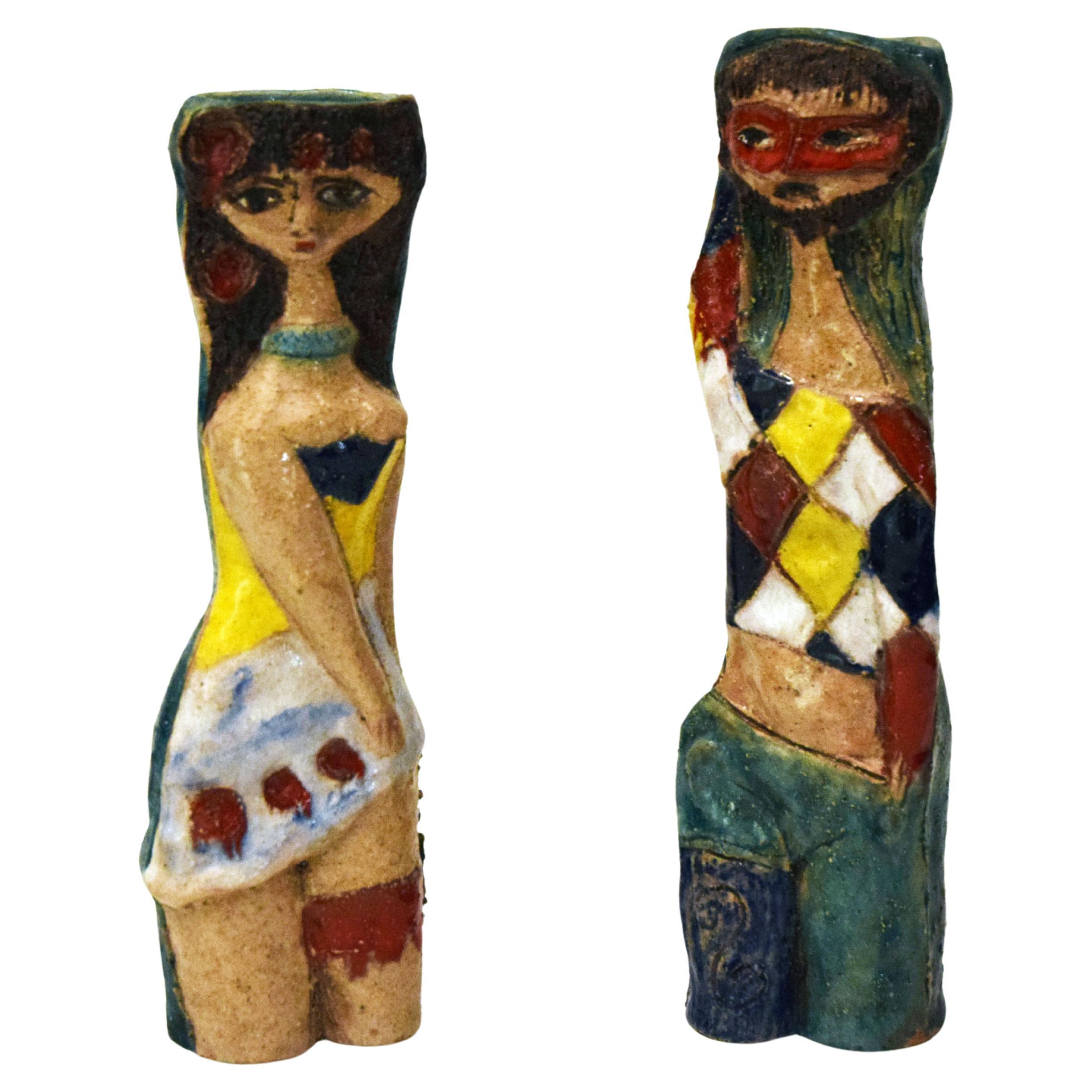Marcello Fantoni pair of ceramic sculpture vases Harlequin and Columbine, 1960s